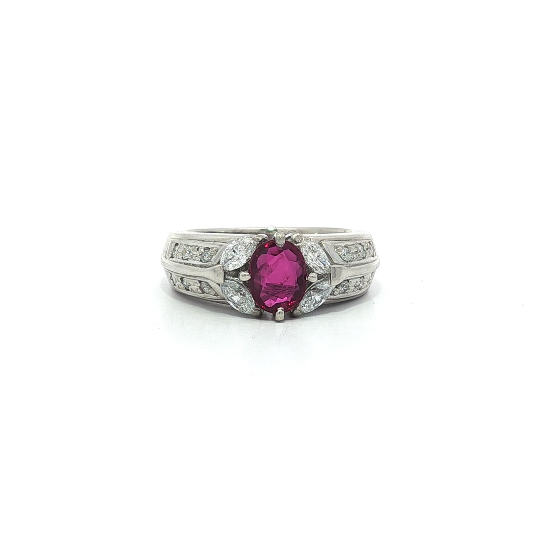 Elegant Platinum 0.96ctw Oval Ruby and Diamond Band Ring: Elegant Platinum 0.96ctw Oval Ruby and Diamond Band Ring This elegant band ring features a stunning natural oval ruby at its center, surrounded by twelve round brilliant cut diamonds and four marquise