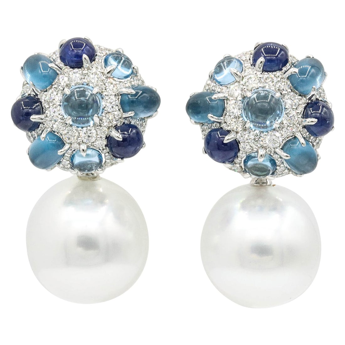 Harbor Diamonds 18K White Gold Pearl Sapphire Blue Topaz Drop Earrings: Harbor Diamonds 18K White Gold Pearl Sapphire Blue Topaz Drop Earrings Elevate your elegance with these stunning dangle drop earrings featuring a luxurious combination of gemstones. Crafted from 18k w