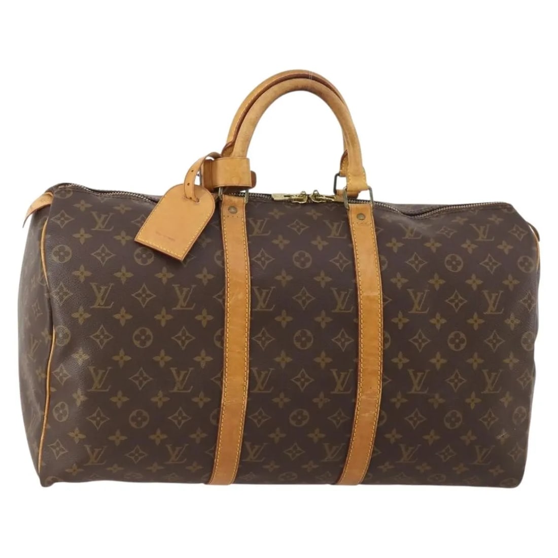 Louis Vuitton Keepall 50 Monogram Canvas Travel Bag: Louis Vuitton Keepall 50 Monogram Canvas Travel Bag This Louis Vuitton Keepall Bag features the iconic monogram canvas in brown, designed for unisex use. The bag displays visible signs of wear, includ