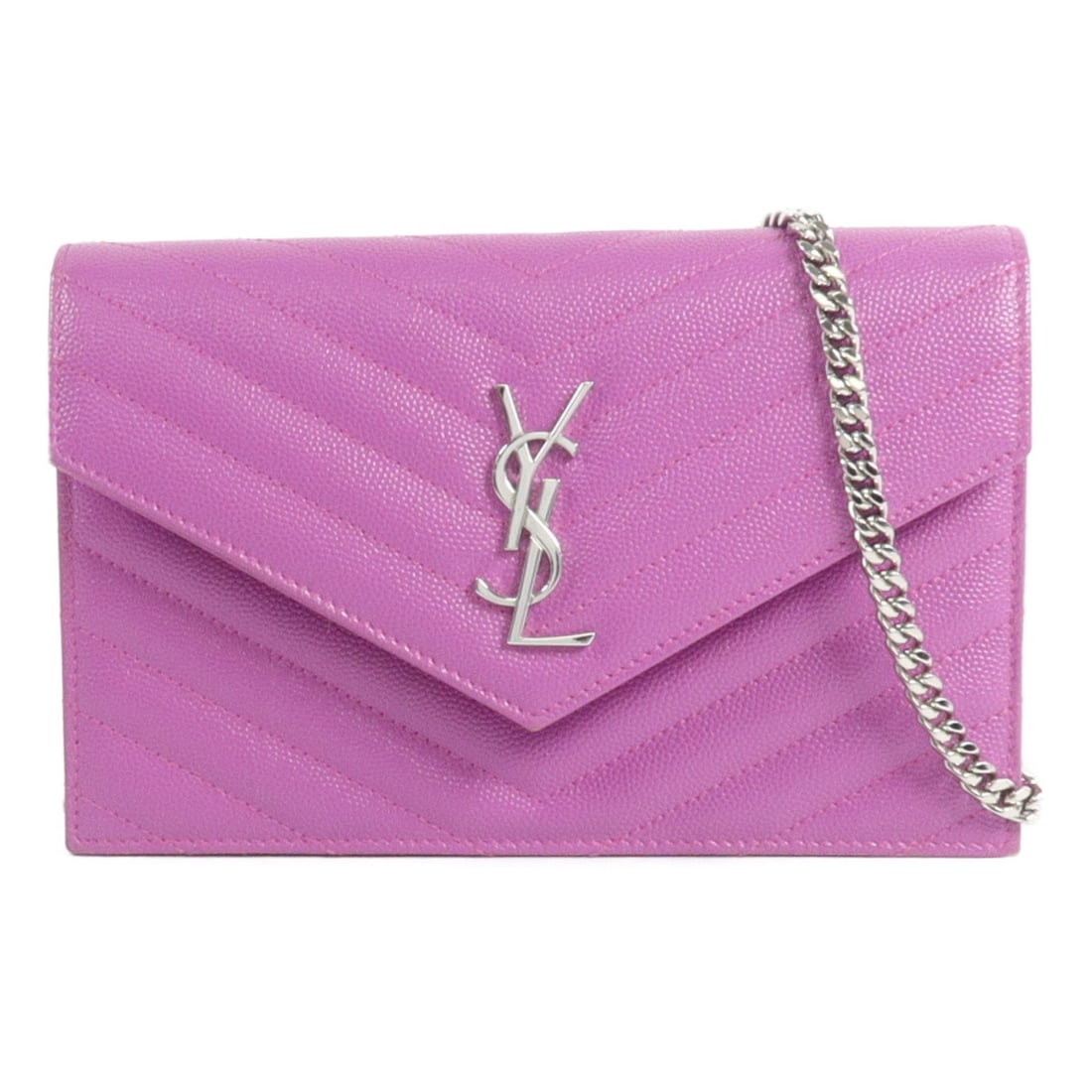 Calfskin Chain Wallet Bag SAINT LAURENT Cassandra GNC393953 Purple: Calfskin Chain Wallet Bag SAINT LAURENT Cassandra GNC393953 Purple A Saint Laurent Cassandra Envelope Chain Wallet Bag in purple calfskin with silver-tone hardware. The chain strap is removable, and t