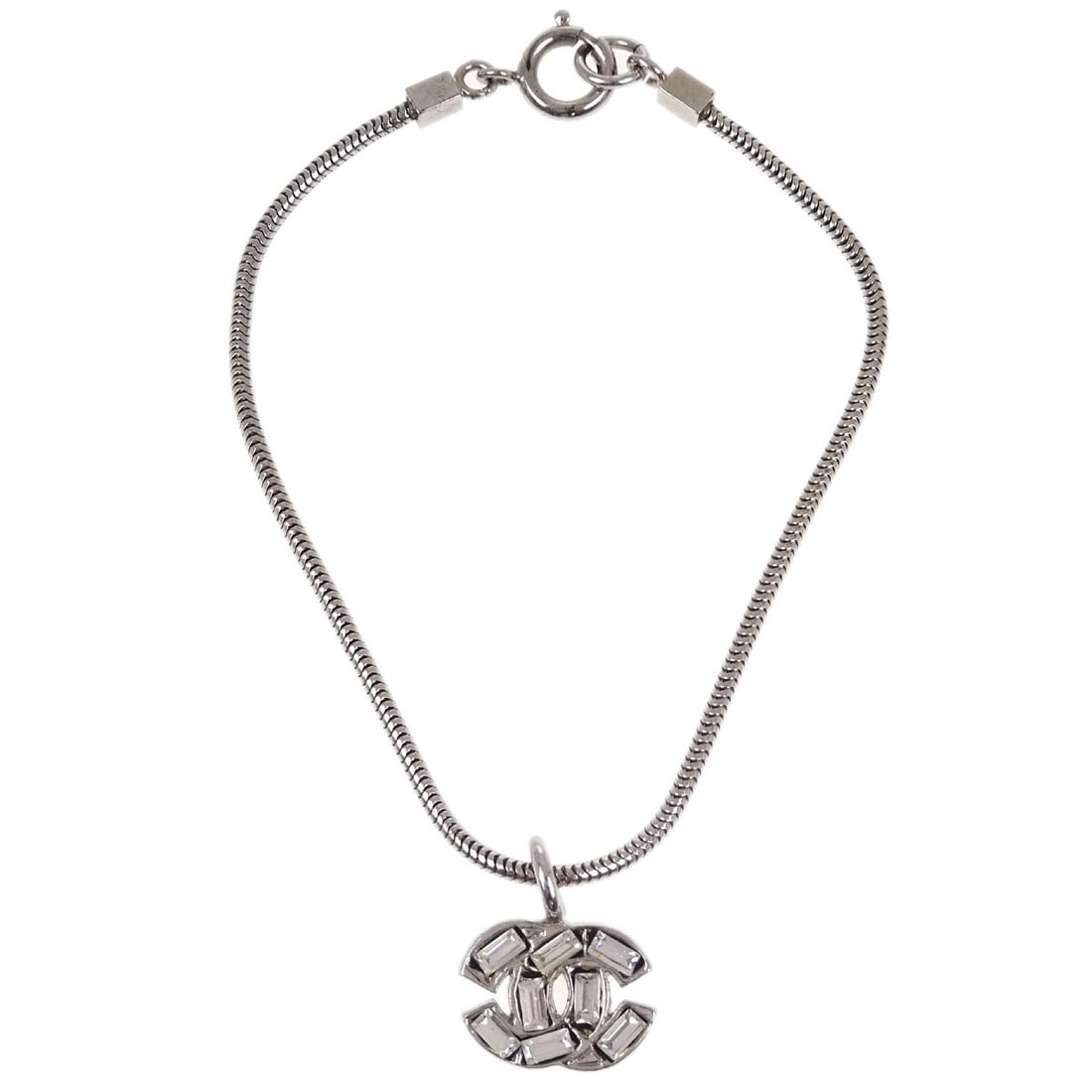 Chanel 01P silver plated chain bracelet with rhinestones: Chanel 01P silver plated chain bracelet with rhinestones Chanel silver chain bracelet with rhinestone detailing and a CC charm. Made in France, this bracelet features a silver-plated chain design and 