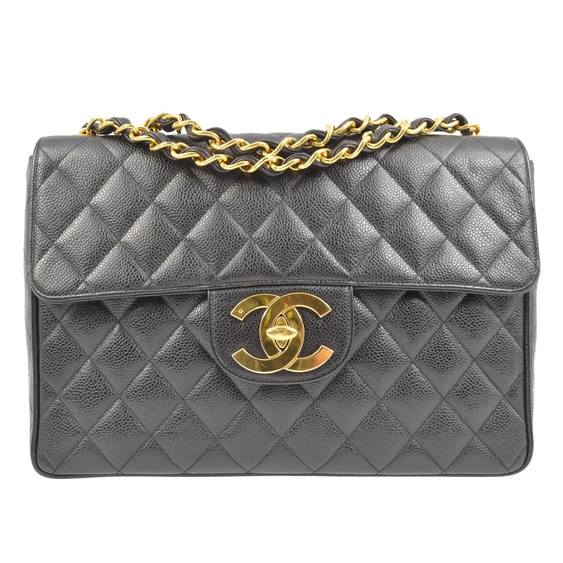 CHANEL Classic Flap Jumbo Black Caviar Leather Shoulder Bag: CHANEL Classic Flap Jumbo Black Caviar Leather Shoulder Bag Chanel Classic Flap Jumbo shoulder bag in black caviar skin leather with a matelasse quilted design and flap turnlock closure. This large wo