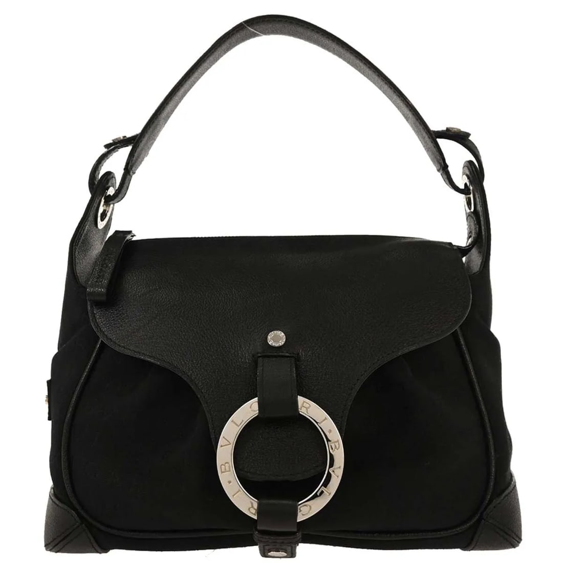 Bvlgari Logomania black canvas shoulder bag with leather trim: Bvlgari Logomania black canvas shoulder bag with leather trim This pre-owned Bvlgari Logomania Shoulder Bag is crafted from canvas with leather accents and features a classic black color. Designed for