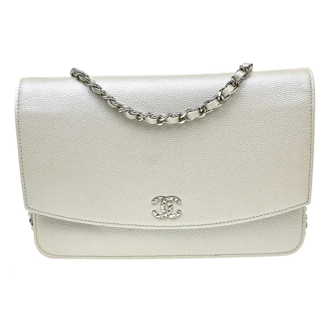Chanel Timeless silver leather wallet on chain: Chanel Timeless silver leather wallet on chain This Chanel Timeless Wallet on Chain is crafted from textured leather in a striking silver color. Designed for women, it features a compact and elegant s