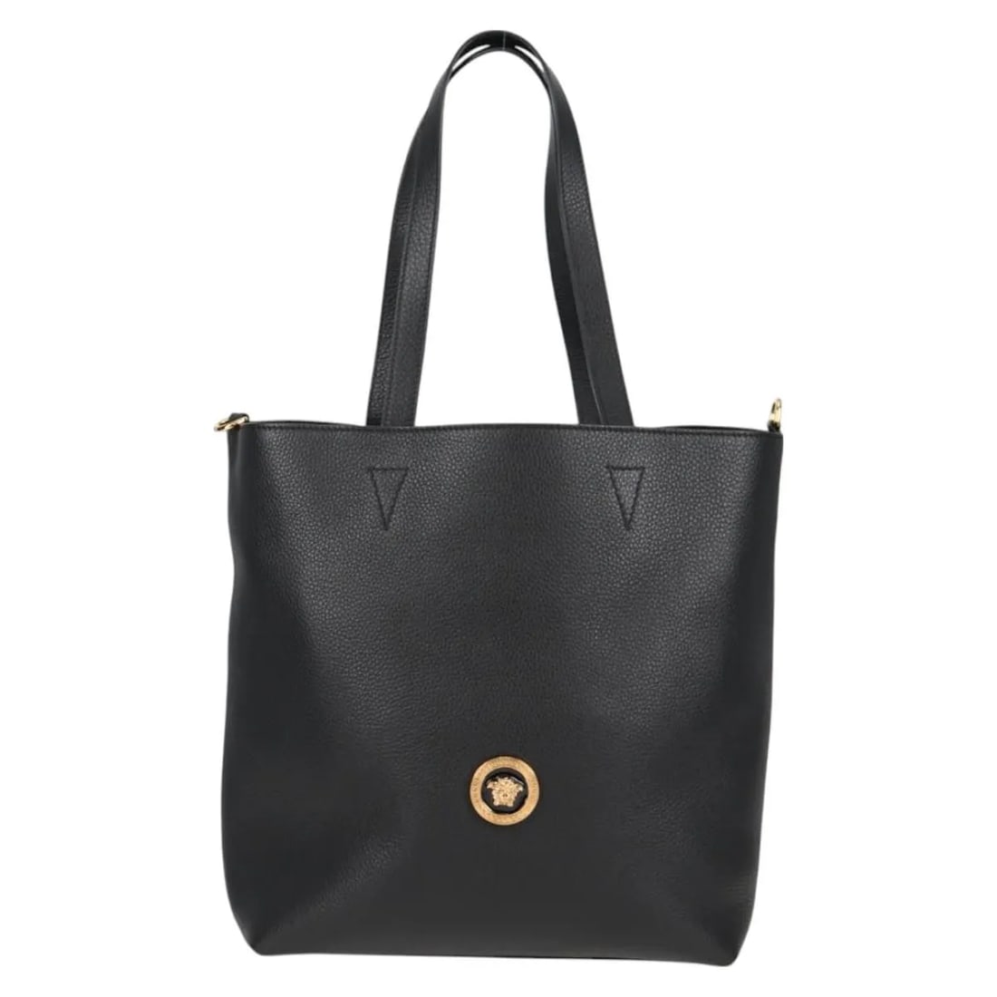 Black Leather Versace Medusa Tote Bag 28cm x 32cm x 12cm: Black Leather Versace Medusa Tote Bag 28cm x 32cm x 12cm This Versace Medusa Tote is crafted from black leather and features the iconic Medusa motif. Designed for women, it offers a sophisticated look
