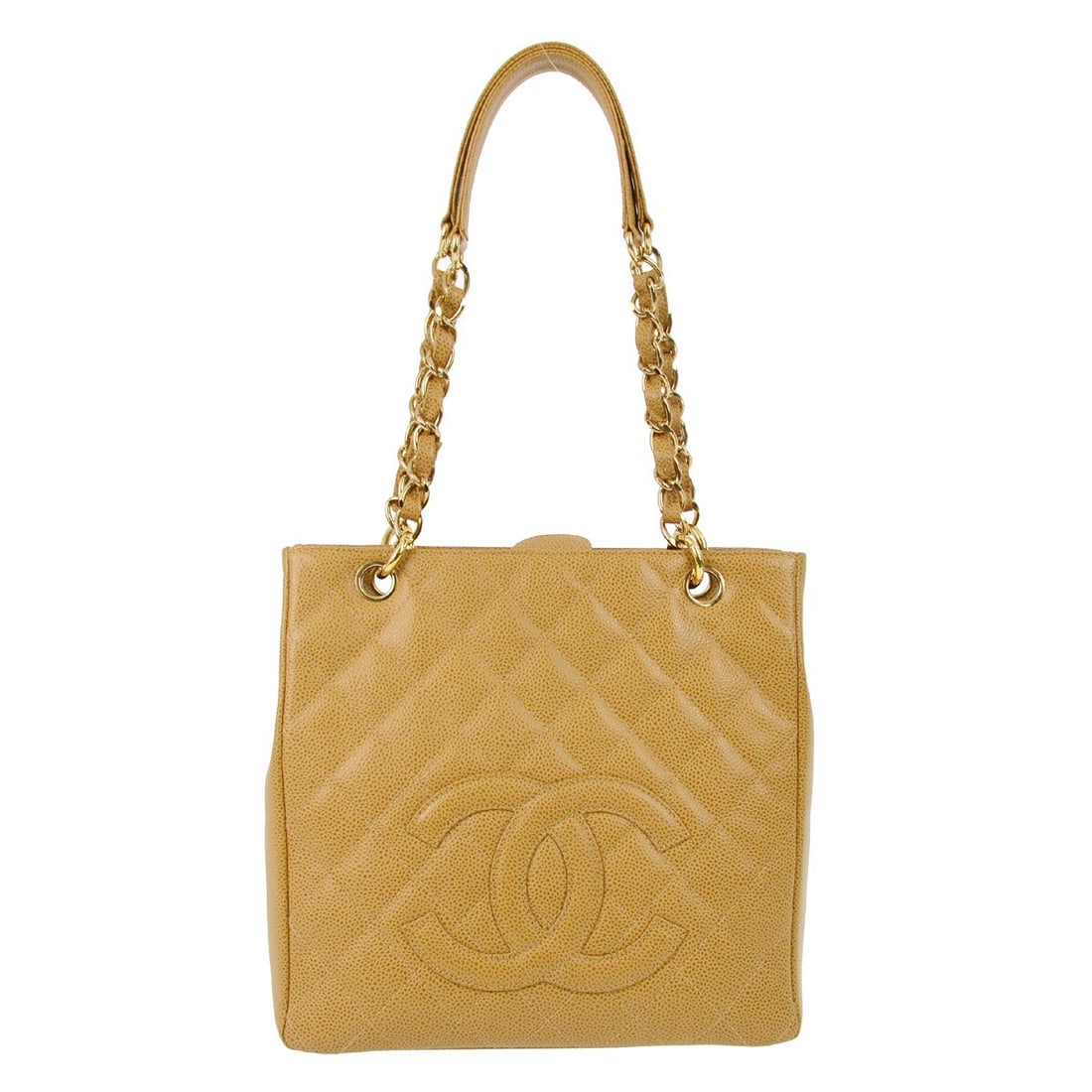 CHANEL Petite Shopping Tote beige caviar leather quilted chain bag: CHANEL Petite Shopping Tote beige caviar leather quilted chain bag Chanel Petite Shopping Tote PST chain handbag in beige caviar skin leather with a quilted exterior and magnetic closure. This women's