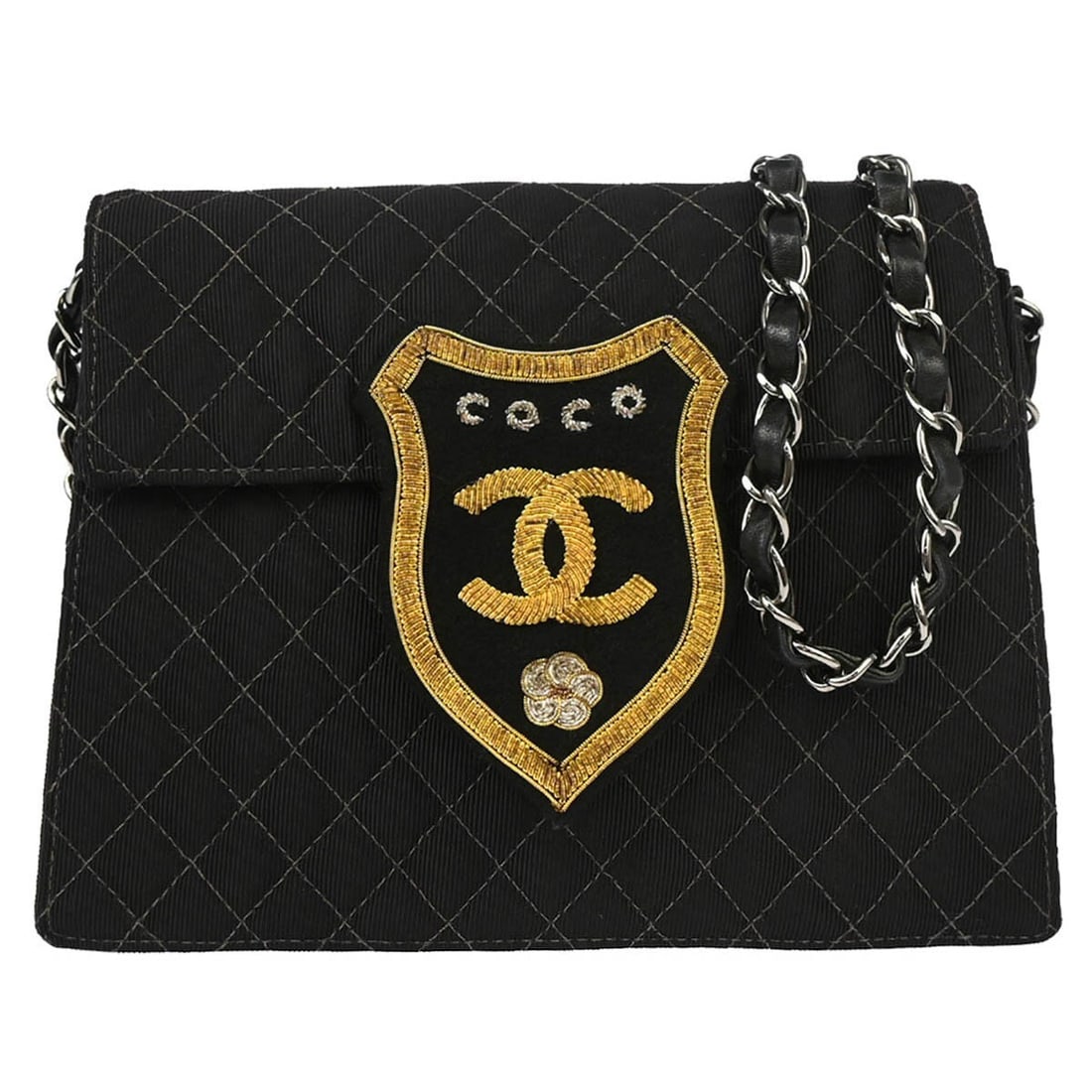 CHANEL Quilted Small Shoulder Bag Black Canvas Chain Strap: CHANEL Quilted Small Shoulder Bag Black Canvas Chain Strap Chanel black canvas shoulder bag with a matelasse quilted design and push-lock flap closure. This small women's bag features a black chain cr