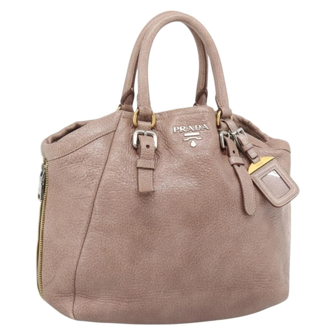 PRADA Vitello Daino Leather Handbag Pink with Dust Bag Name Tag: PRADA Vitello Daino Leather Handbag Pink with Dust Bag Name Tag Prada women's leather handbag in pink, gold, and silver, made in Italy. Includes a dust bag and name tag. Condition is B with reasonable