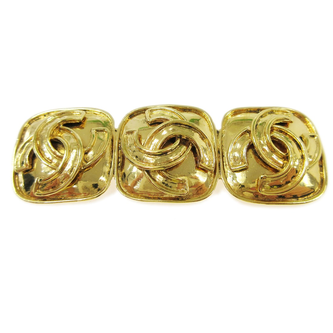Chanel 94P Triple CC Gold Tone Logo Brooch: Chanel 94P Triple CC Gold Tone Logo Brooch Vintage Chanel triple CC brooch pin in gold-tone metal, featuring the iconic interlocking CC logo design. Marked 94P and made in France. Condition noted as v