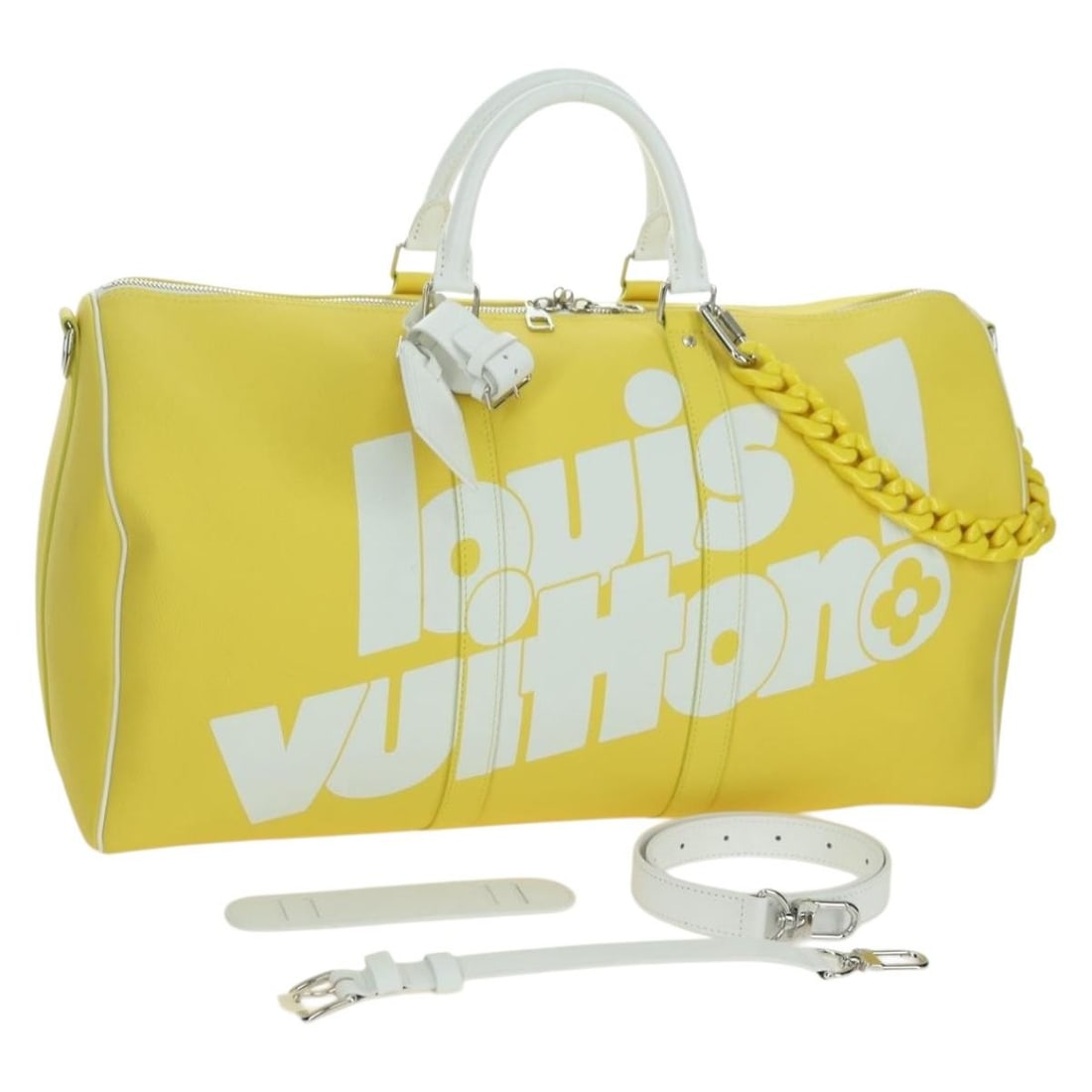 Louis Vuitton Monogram Canvas Keepall 50 Yellow Boston Bag: Louis Vuitton Monogram Canvas Keepall 50 Yellow Boston Bag This Louis Vuitton Everyday Keepall Bandouliere 50 Boston Bag features the iconic Monogram Canvas in a striking yellow and monogram color com