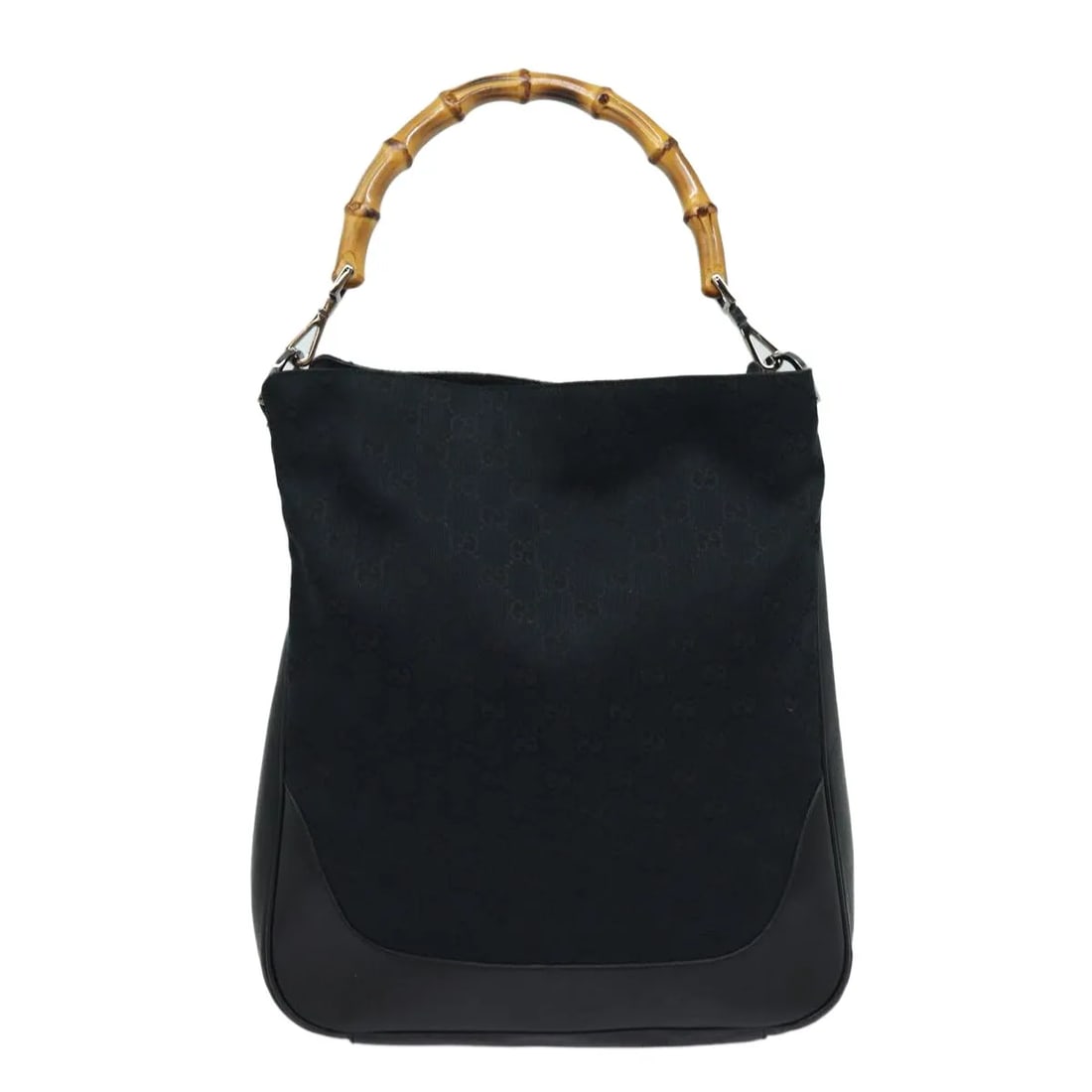 Gucci Black Canvas Bamboo Shoulder Purse for Women: Gucci Black Canvas Bamboo Shoulder Purse for Women This Gucci Bamboo Shoulder Bag is crafted from black GG canvas and designed for women. The bag features a bamboo handle and shoulder strap, with meta