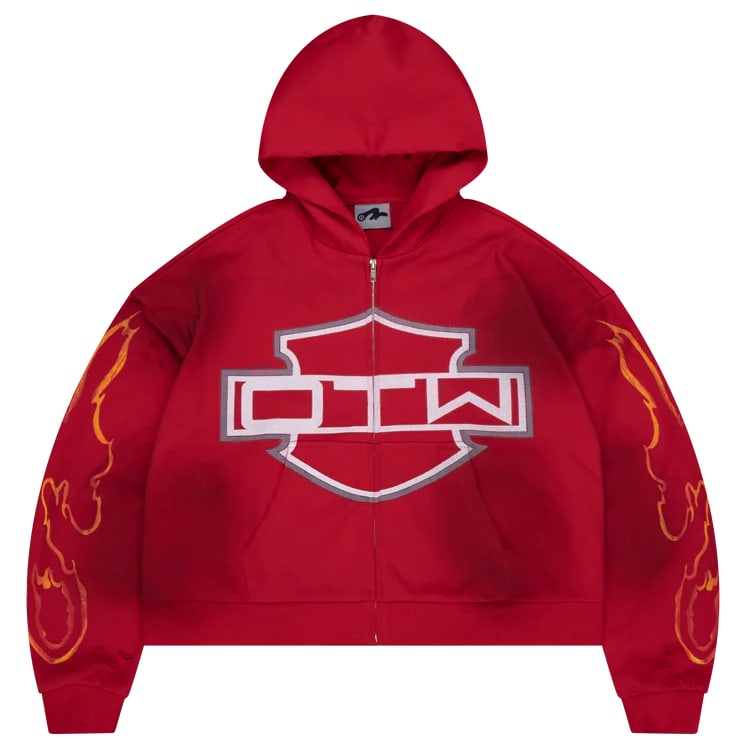Red Full Zip Hoodie Biker Style by OTW Size XXL: Red Full Zip Hoodie Biker Style by OTW Size XXL This OTW Biker Red Zip Up Hoodie features a bold biker-inspired design in a vibrant red color. It is made from soft, durable fabric for comfort and ever