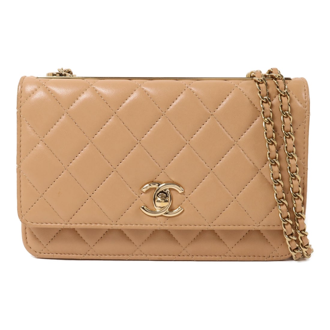CHANEL Trendy Wallet On Chain A80982 Beige Lambskin Shoulder Bag: CHANEL Trendy Wallet On Chain A80982 Beige Lambskin Shoulder Bag CHANEL Trendy Wallet On Chain shoulder bag in beige lambskin (sheep leather). It features a turn lock closure and interior organization