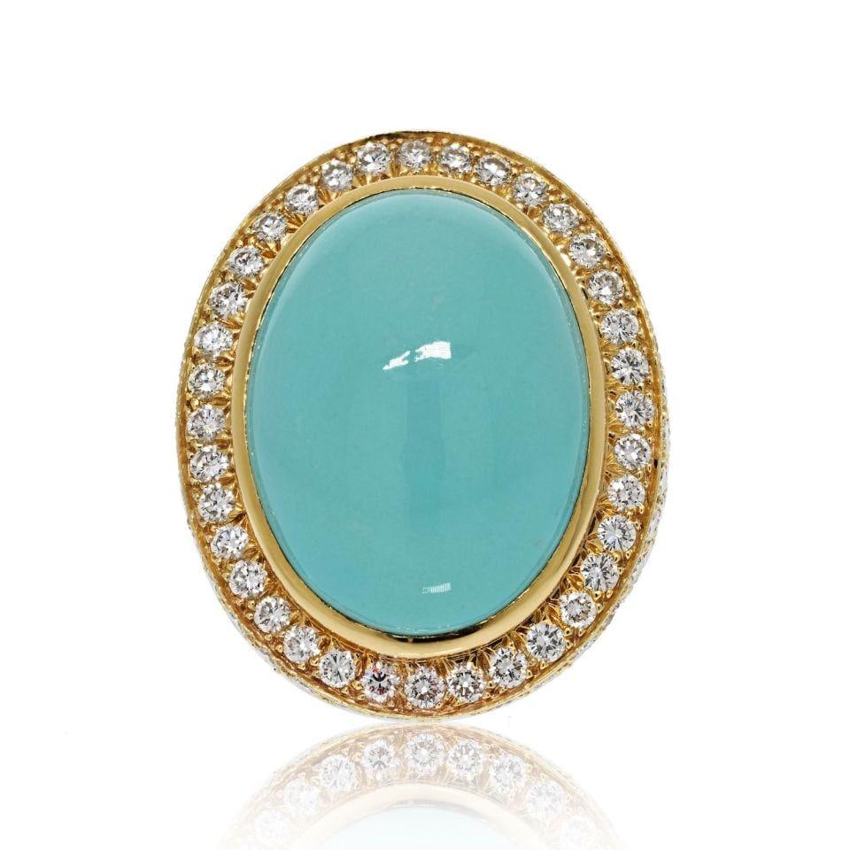 David Webb Estate Ring Platinum 18K Gold Turquoise Diamond 21.5 Cts: David Webb Estate Ring Platinum 18K Gold Turquoise Diamond 21.5 Cts This exquisite David Webb ring features a stunning large cabochon oval cut turquoise, complemented by a dazzling diamond pave settin