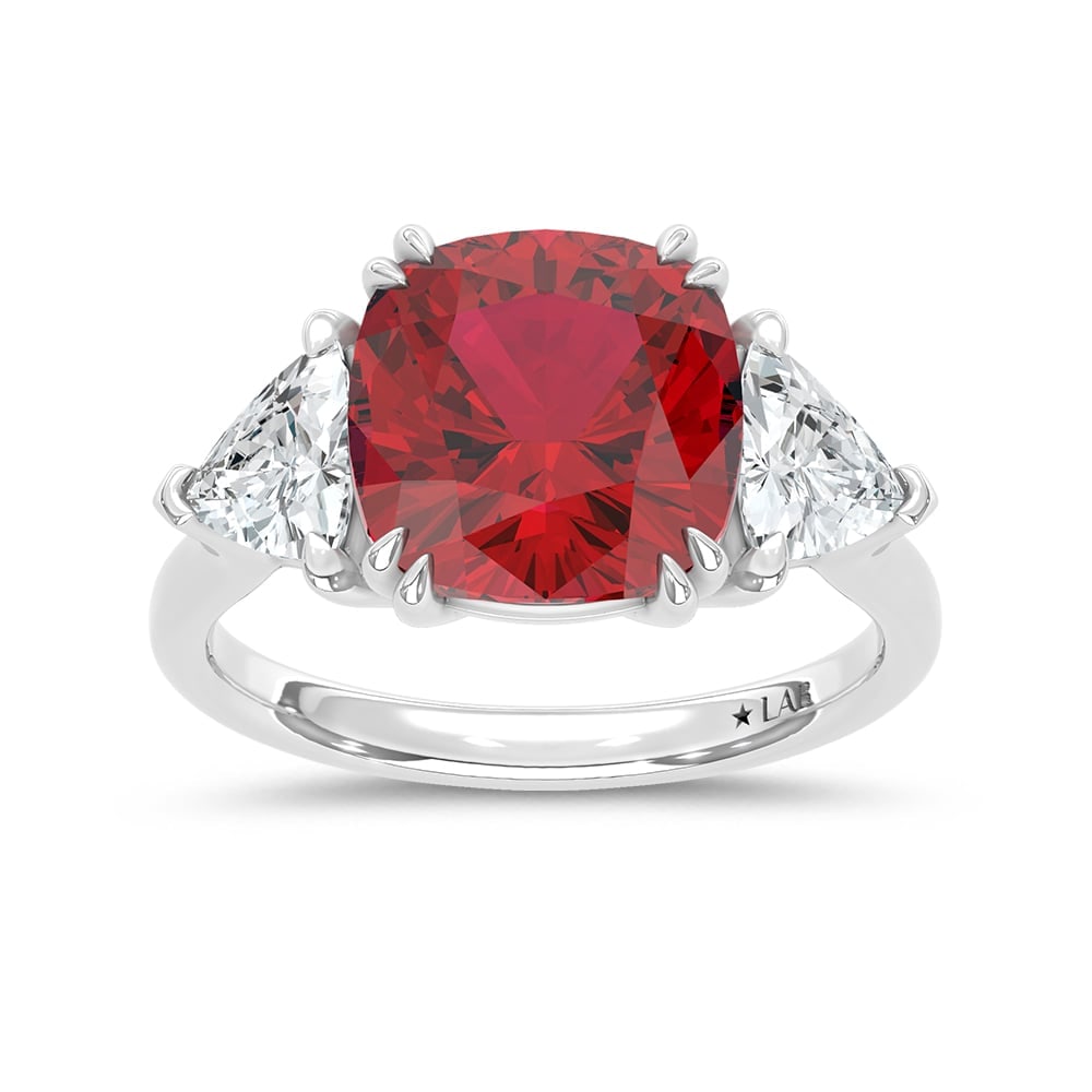 14K White Gold Lab Grown Diamond 7 1/5 Ct.Tw. Cushion Shape Recrystalized Ruby Engagement Ring: 14K White Gold Lab Grown Diamond 7 1/5 Ct.Tw. Cushion Shape Recrystalized Ruby Engagement Ring (Center 6 1/10 ct) 14k White Gold Stone Color: D-f Stone Clarity: Vs Each ring is presented in standard s