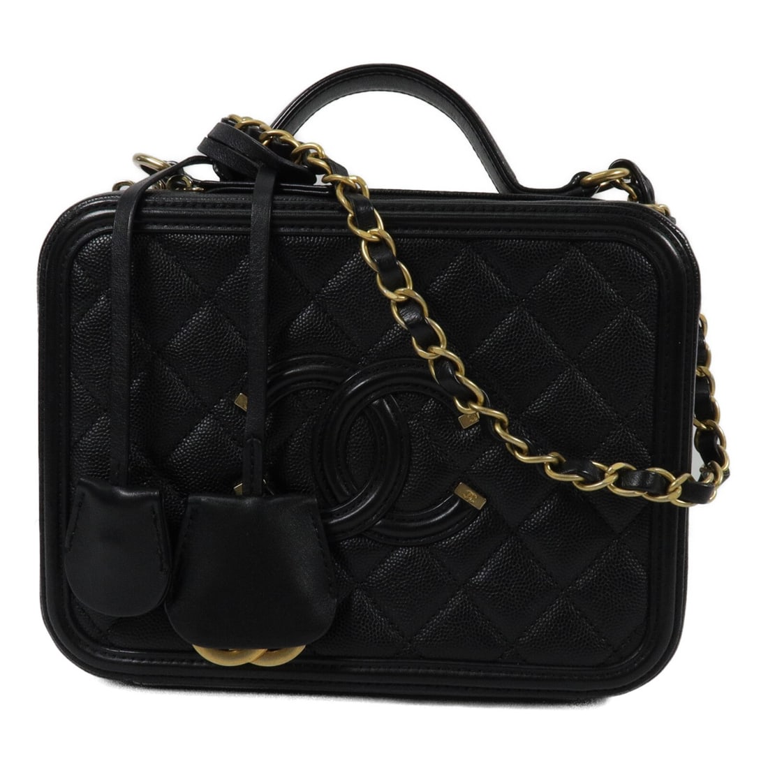 Chanel AP3343 CC Vanity Case Black Calfskin 2 Way Chain Bag: Chanel AP3343 CC Vanity Case Black Calfskin 2 Way Chain Bag A CHANEL CC GHW Vanity Case 2 Way Chain Shoulder Bag in black calfskin leather. This model AP3343 features a vanity case design with a 2-way