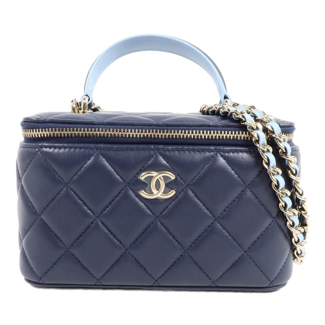 CHANEL AP2199 CC Vanity Case Blue Lambskin 2Way Shoulder Bag: CHANEL AP2199 CC Vanity Case Blue Lambskin 2Way Shoulder Bag A CHANEL CC GHW Top Handle Vanity Case 2Way Shoulder Bag in blue lambskin (sheep leather). It features a top handle, a shoulder strap, a fa
