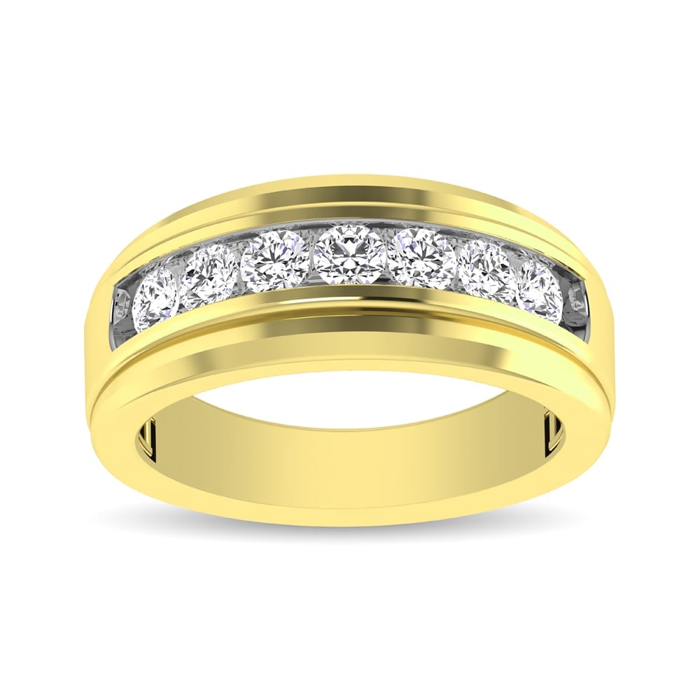 14K Yellow Gold 1 Ct.tw Round Cut Diamond Mens Wedding Band: 14K Yellow Gold 1 Ct.tw Round Cut Diamond Mens Wedding Band This amazing Wedding band is available in 14K Yellow Gold. There are 7 round diamonds with a total carat weight of 1 Ct.Tw. set in a channel
