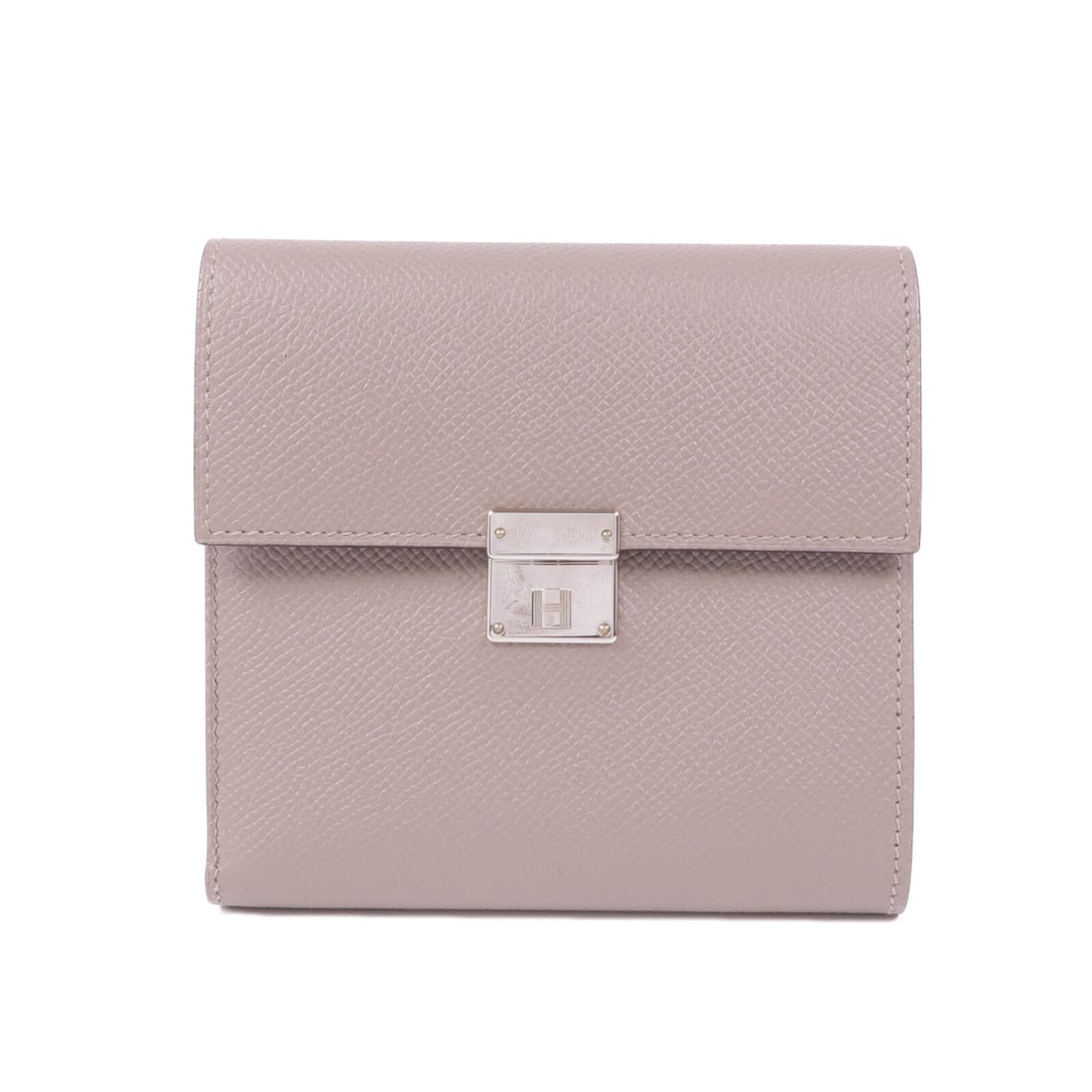 Hermes Clic Tri Fold Wallet Epsom Calfskin Etoupe PHW: Hermes Clic Tri Fold Wallet Epsom Calfskin Etoupe PHW Hermes tri-fold wallet in Etoupe grey, made from Epsom leather and calfskin (cowhide). It features a compact design with five card slots, one insi