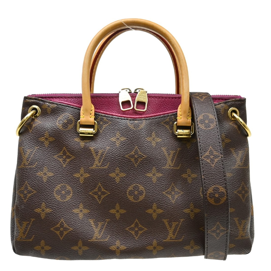 Louis Vuitton Pallas BB Monogram Top Handle Bag with Strap M41634: Louis Vuitton Pallas BB Monogram Top Handle Bag with Strap M41634 Vintage Louis Vuitton Pallas BB 2-way shoulder bag in brown Monogram canvas with leather trim. This small top handle bag features doub