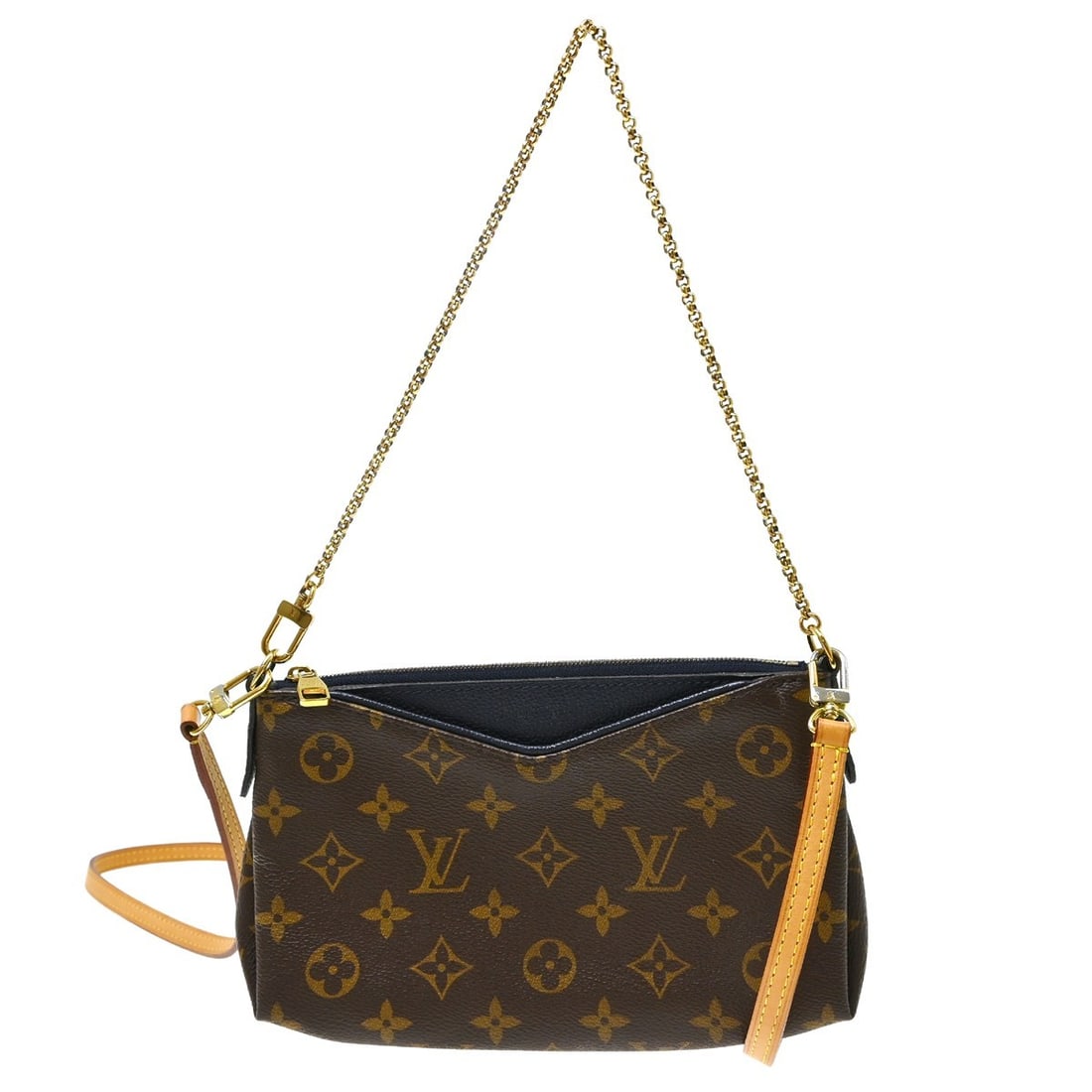 Louis Vuitton Pallas Monogram Canvas Clutch with Strap M41639: Louis Vuitton Pallas Monogram Canvas Clutch with Strap M41639 Louis Vuitton Monogram Pallas Clutch Handbag in brown Monogram canvas with leather handle/strap details and gold-tone hardware. It feature