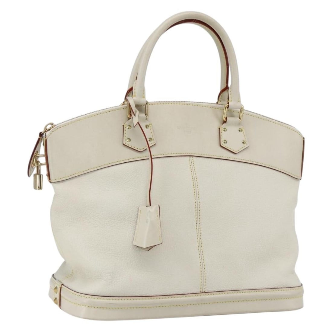 Louis Vuitton Suhali Rock It PM White Leather Satchel Bag M91887 with Padlock: Louis Vuitton Suhali Rock It PM White Leather Satchel Bag M91887 with Padlock This is a Louis Vuitton Suhali Rock It PM handbag in white leather. The bag features a structured silhouette with gold-ton
