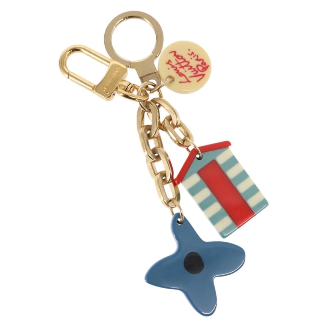 LOUIS VUITTON Gold Metal Key Holder M66265 with Dust Bag: LOUIS VUITTON Gold Metal Key Holder M66265 with Dust Bag Introducing the LOUIS VUITTON Porte Cles Aior Beach Key Holder, a stylish and functional accessory crafted from high-quality metal with a luxur