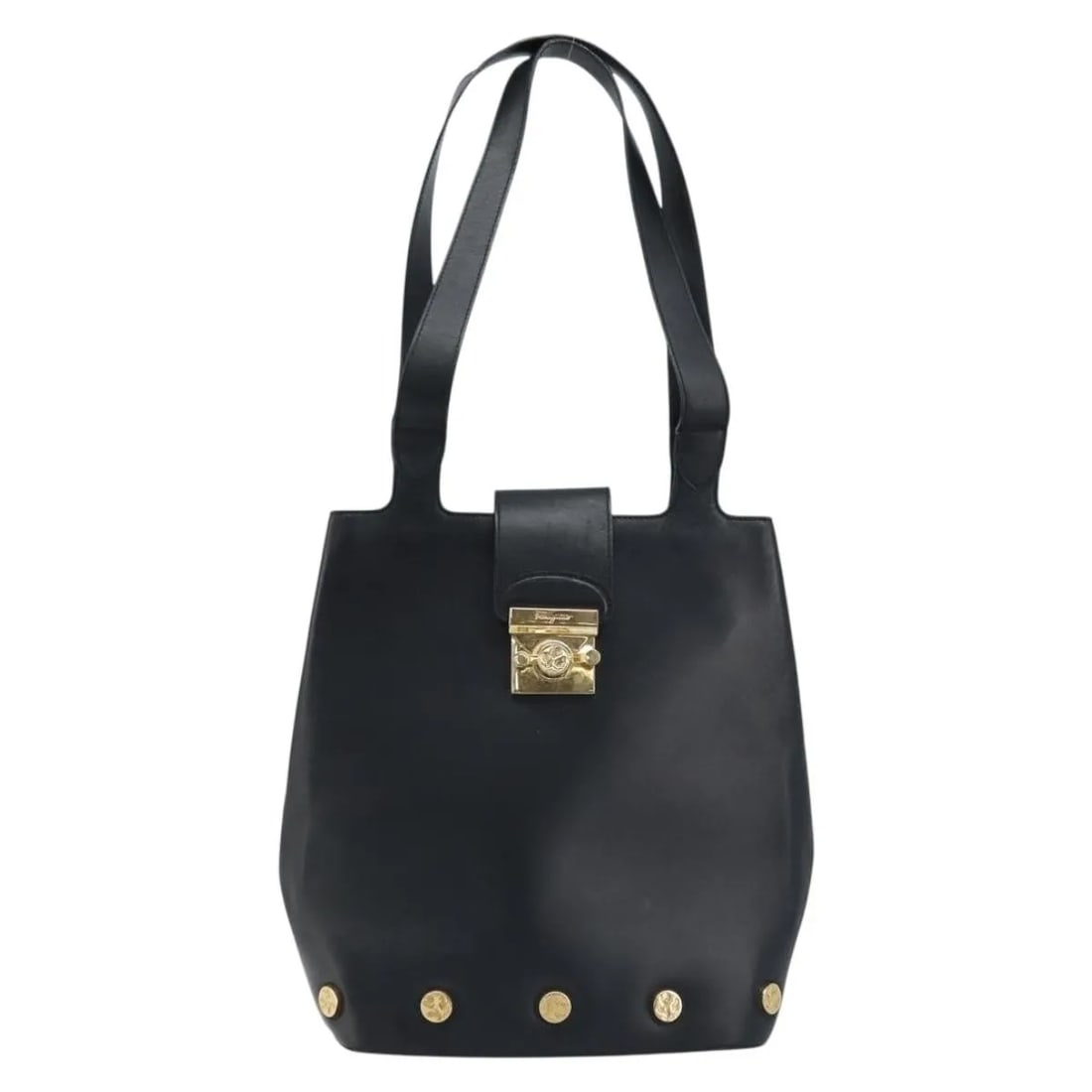 Salvatore Ferragamo Vintage Tote Bag Black Leather Italy: Salvatore Ferragamo Vintage Tote Bag Black Leather Italy This Salvatore Ferragamo vintage tote bag for women is crafted from black leather and features a spacious design. Made in Italy, the bag shows 