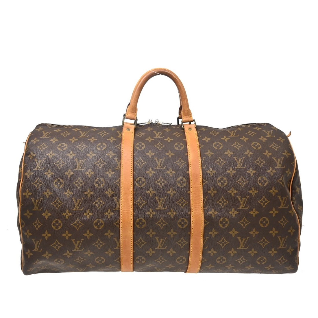 Louis Vuitton Keepall 55 Monogram Canvas Duffle Bag M41424: Louis Vuitton Keepall 55 Monogram Canvas Duffle Bag M41424 Vintage Louis Vuitton Keepall 55 travel handbag in brown Monogram canvas with leather trim and double handles. This extra large duffle-style 
