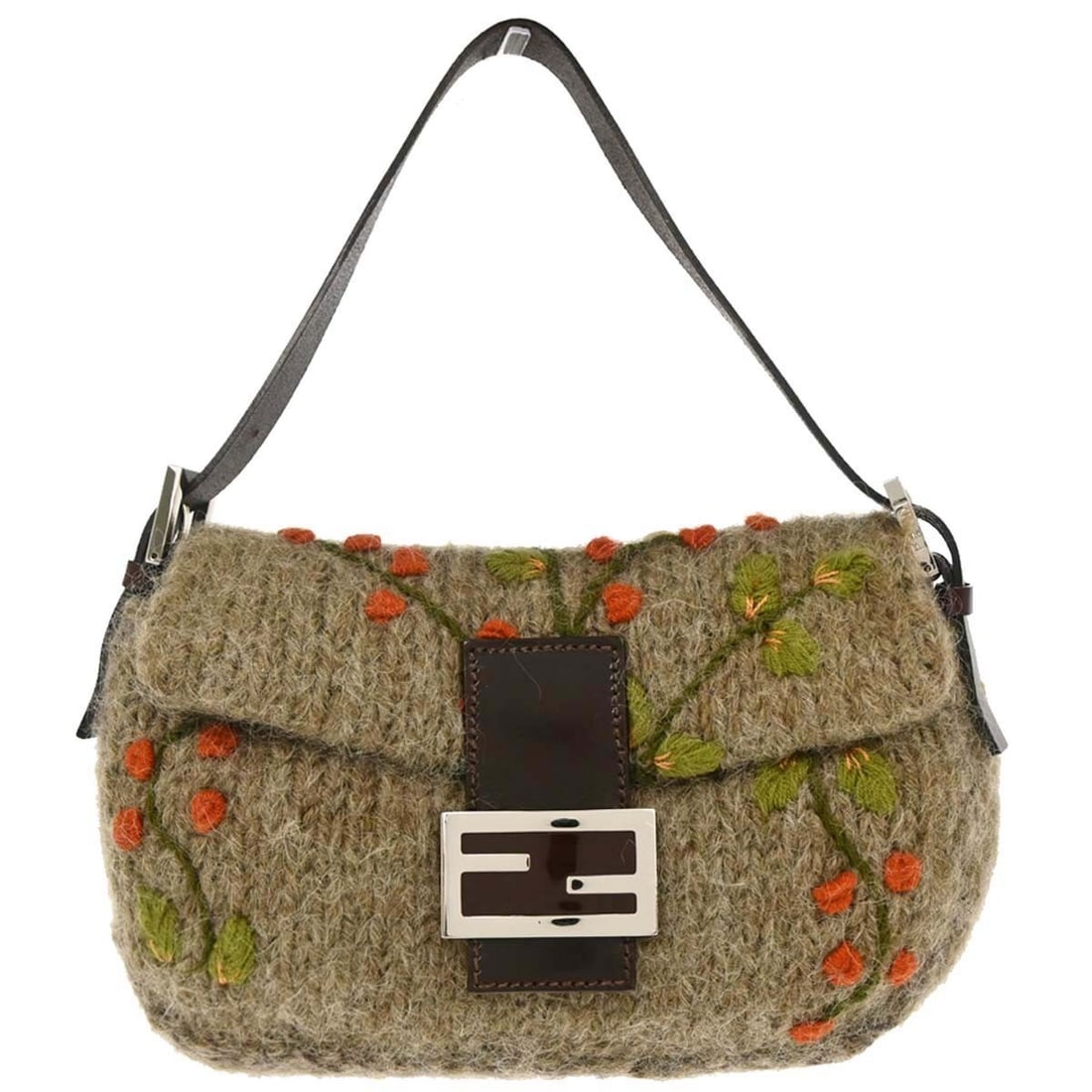 Fendi Baguette Brown Wool Shoulder Bag with Logo Accent: Fendi Baguette Brown Wool Shoulder Bag with Logo Accent Fendi Baguette handbag in brown wool with leather trim and logo accents. This women's shoulder bag features a magnetic closure, an adjustable st