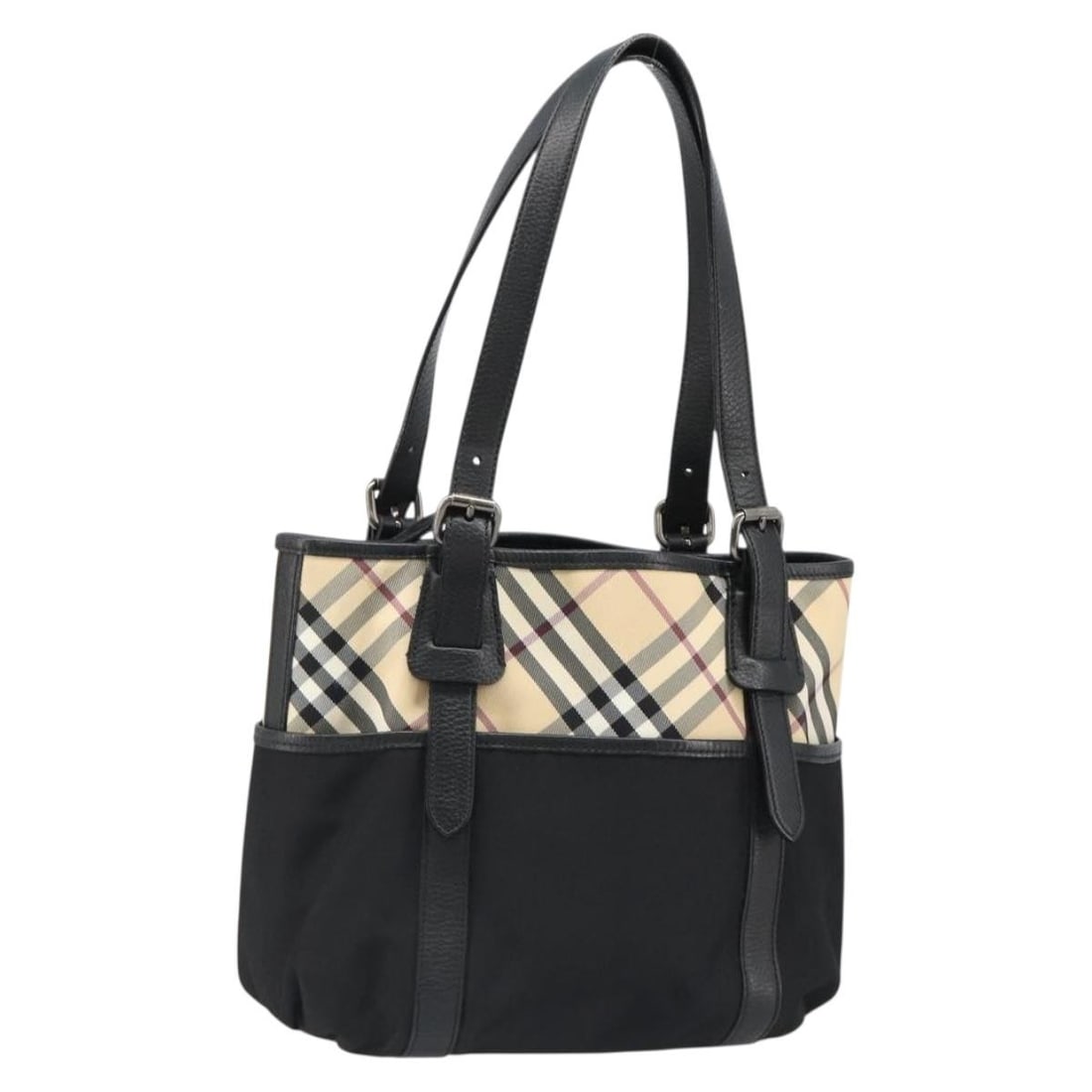 Burberry Nova Check Nylon Handbag Beige Black Silver Tone: Burberry Nova Check Nylon Handbag Beige Black Silver Tone Burberry Nova Check hand bag in beige, black, and silver, made of nylon. The bag measures approximately 25 cm W x 26 cm H x 10 cm D, with a ha