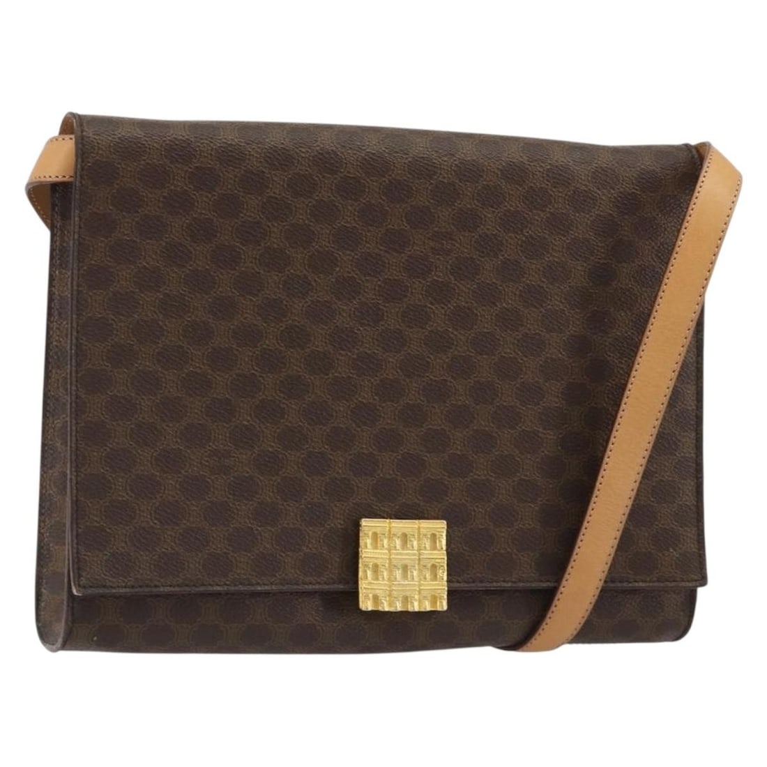 CELINE Macadam Shoulder Bag in Brown PVC and Leather: CELINE Macadam Shoulder Bag in Brown PVC and Leather Celine Macadam canvas shoulder bag in brown with gold-tone detailing, crafted with PVC leather. Made in Italy, this women's shoulder bag has an adj