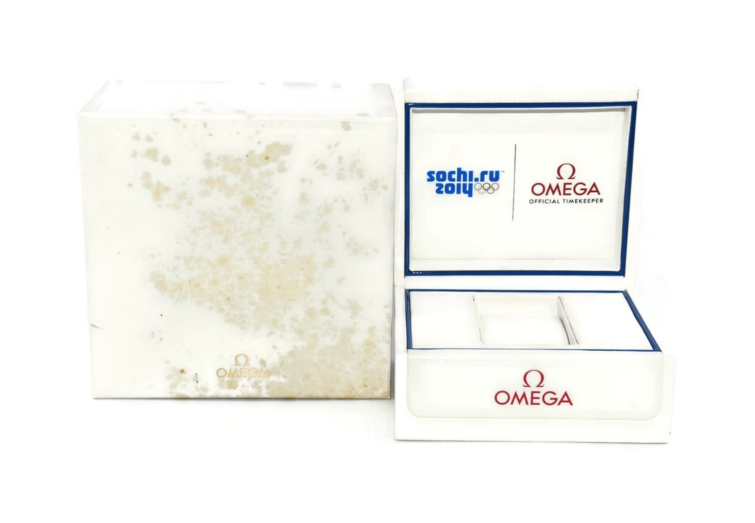 Authentic Omega Sochi 2014 Olympic Watch Presentation Box: Authentic Omega Sochi 2014 Olympic Watch Presentation Box This elegant OMEGA presentation box, designed for the 2014 Sochi Olympics, is a perfect accessory for collectors and watch enthusiasts. Measur