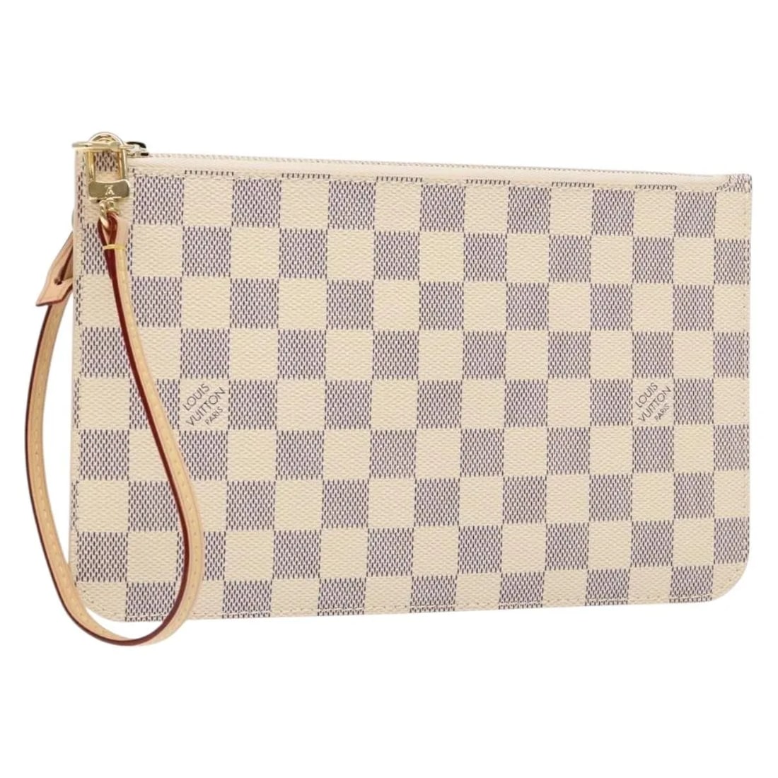 Neverfull Pochette Damier Azur Canvas Pouch by Louis Vuitton: Neverfull Pochette Damier Azur Canvas Pouch by Louis Vuitton This pre-owned Louis Vuitton Damier Azur Neverfull MM Pochette features a white canvas exterior. It displays slight rubbing on the surface 