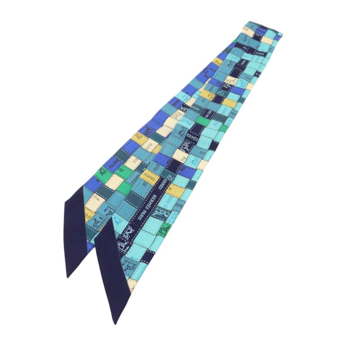 Hermes Twilly Silk Scarf Blue Green Multicolor France: Hermes Twilly Silk Scarf Blue Green Multicolor France Hermes Twilly scarf in silk with a blue and green multicolor design. It is a women's regular-size scarf made in France and is offered in very good