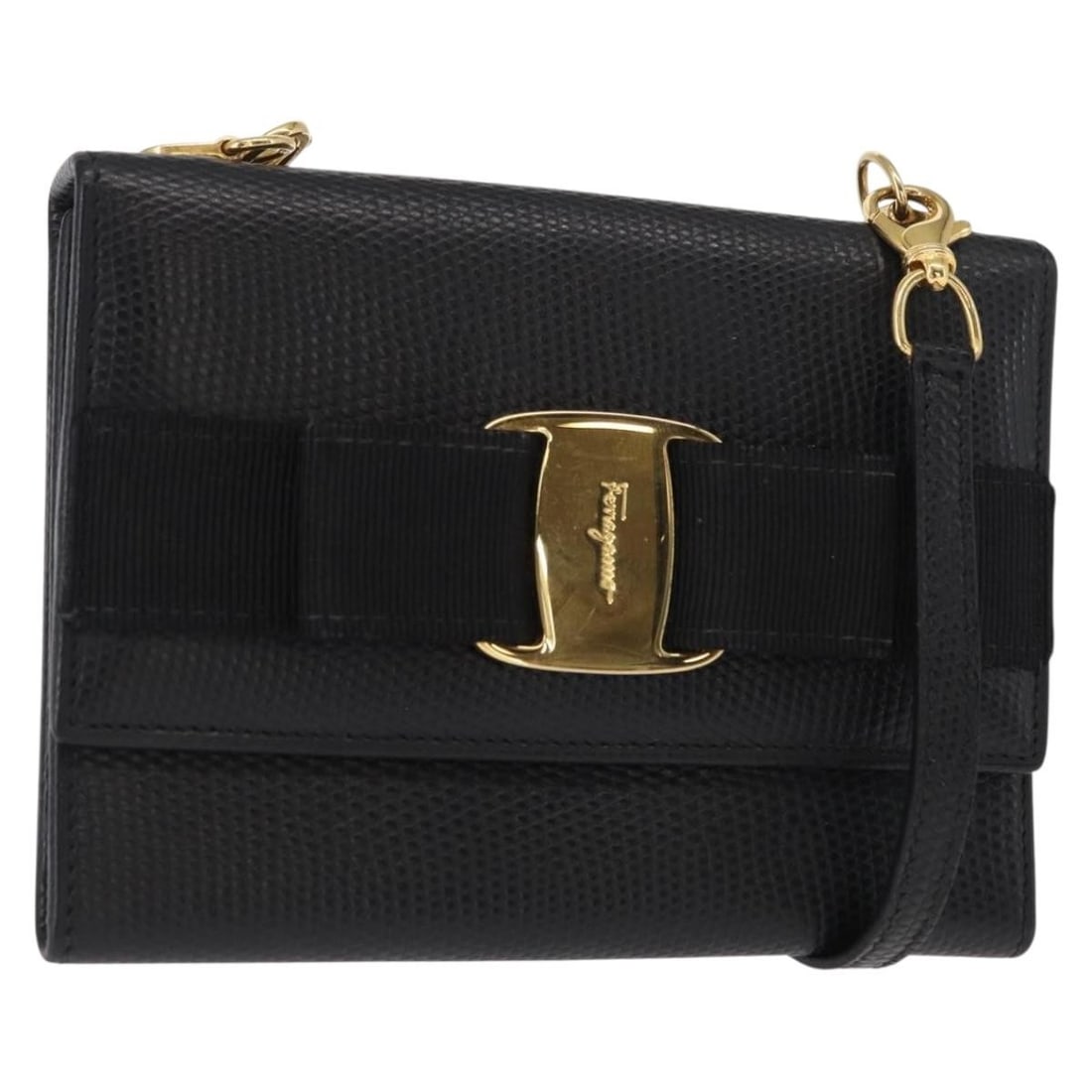Ferragamo Vala Black Leather Shoulder Bag with Gold Accents: Ferragamo Vala Black Leather Shoulder Bag with Gold Accents This Salvatore Ferragamo Vala shoulder wallet is crafted from black leather with gold accents. Designed as a compact shoulder bag, it featur