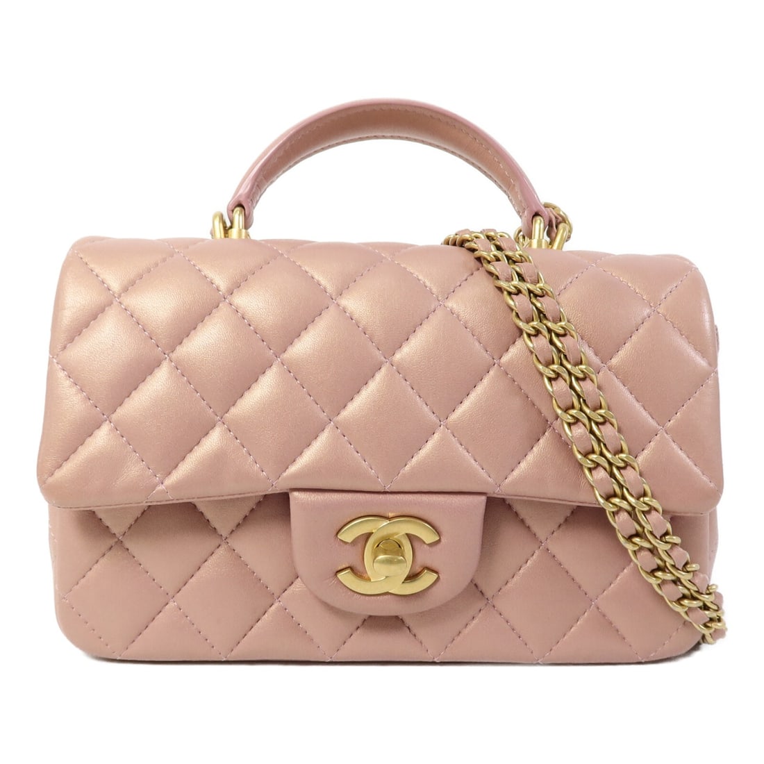 CHANEL AS2431 Mini Flap Top Handle Shoulder Bag Pink Lambskin: CHANEL AS2431 Mini Flap Top Handle Shoulder Bag Pink Lambskin A CHANEL CC GHW Mini Flap Bag with top handle and 2-way shoulder wear, model AS2431, in pink lambskin (sheep leather). It features a turn-