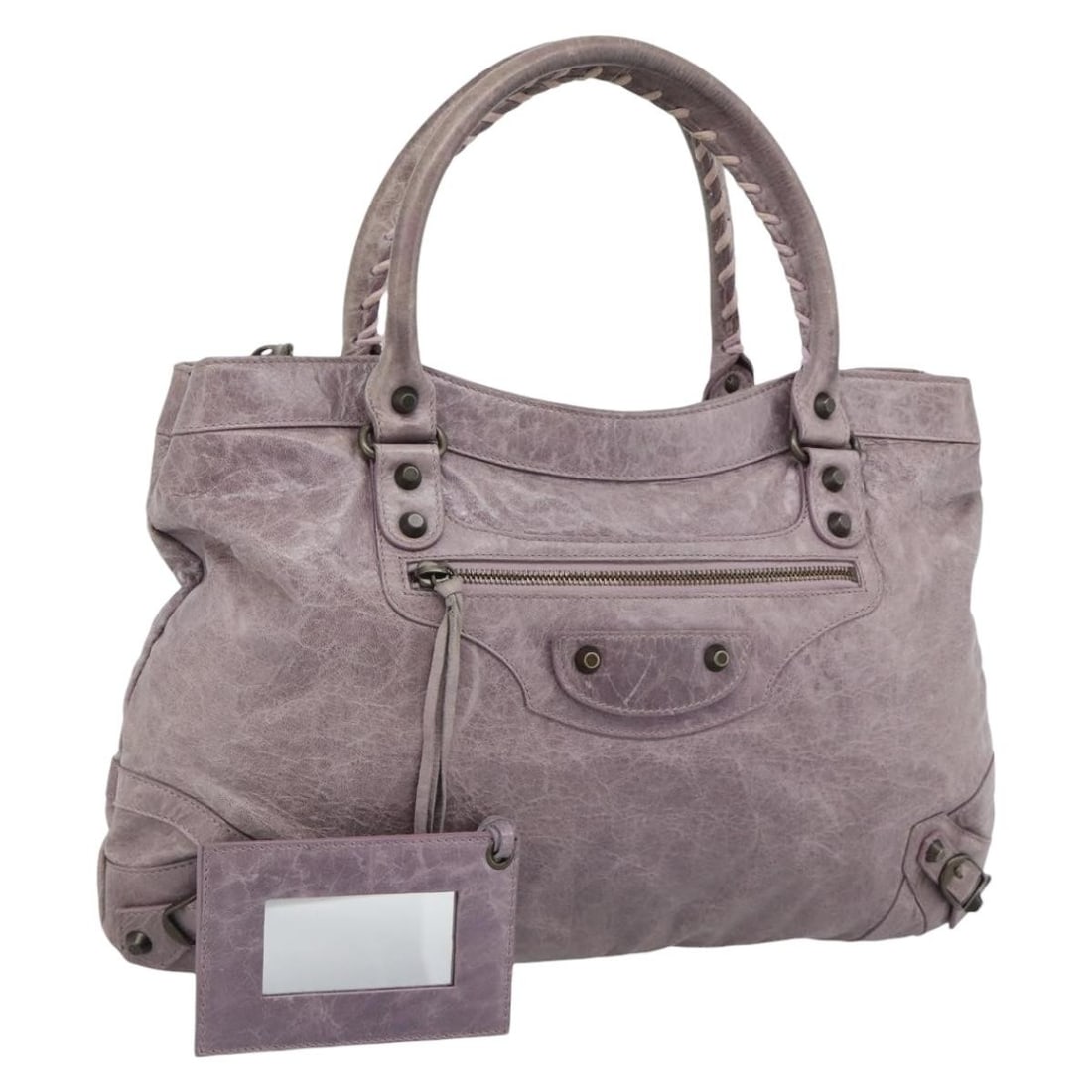 Balenciaga 128522 Purple Leather Handbag with Mirror: Balenciaga 128522 Purple Leather Handbag with Mirror Balenciaga The Perth hand bag in purple leather, made in Italy. The bag features a structured style with approximate dimensions of 42 cm W x 27 cm 