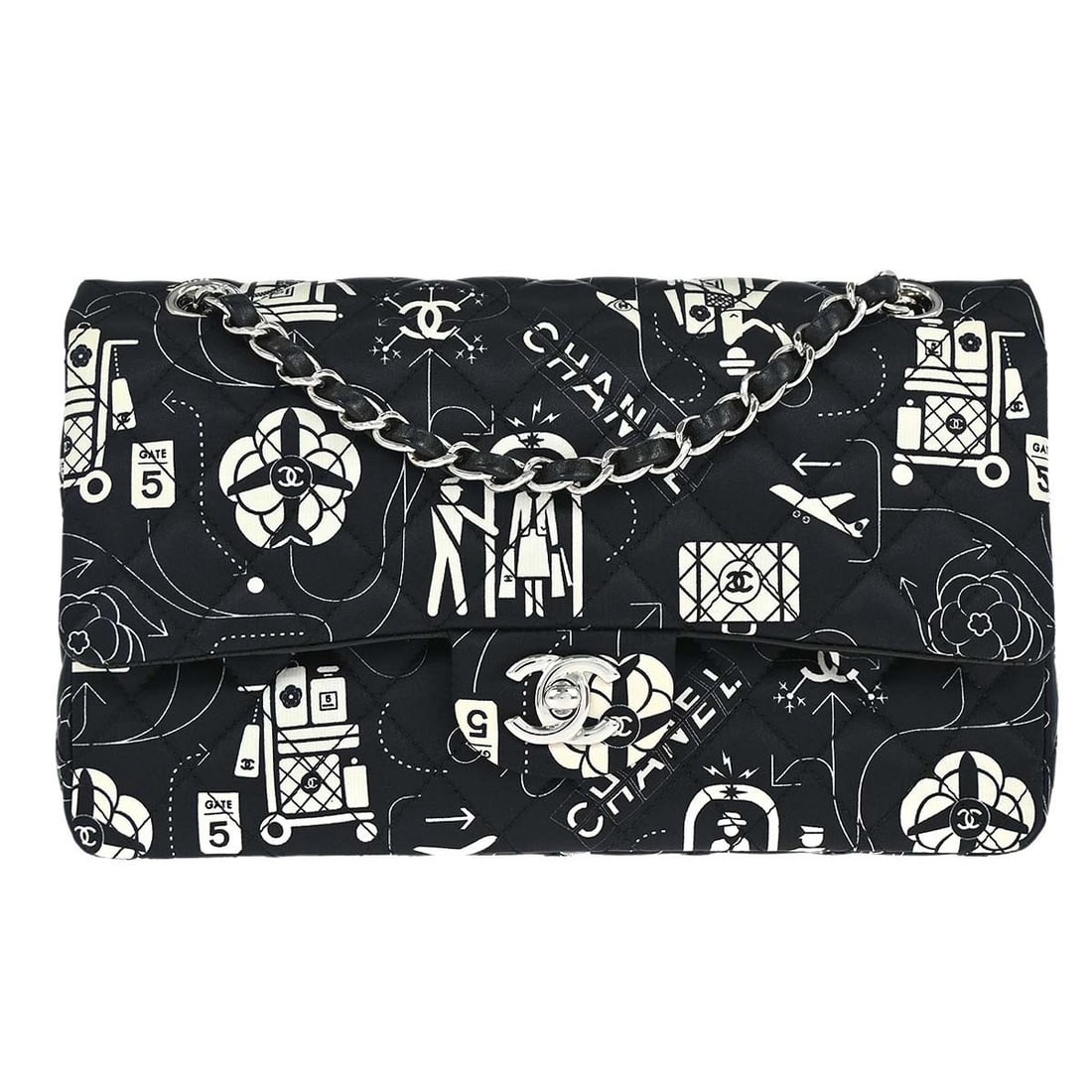 CHANEL Classic Double Flap Medium Shoulder Bag Black Satin: CHANEL Classic Double Flap Medium Shoulder Bag Black Satin Chanel Medium Classic Double Flap shoulder bag in black satin with lambskin leather trim. This women's shoulder bag features a turn-lock clos