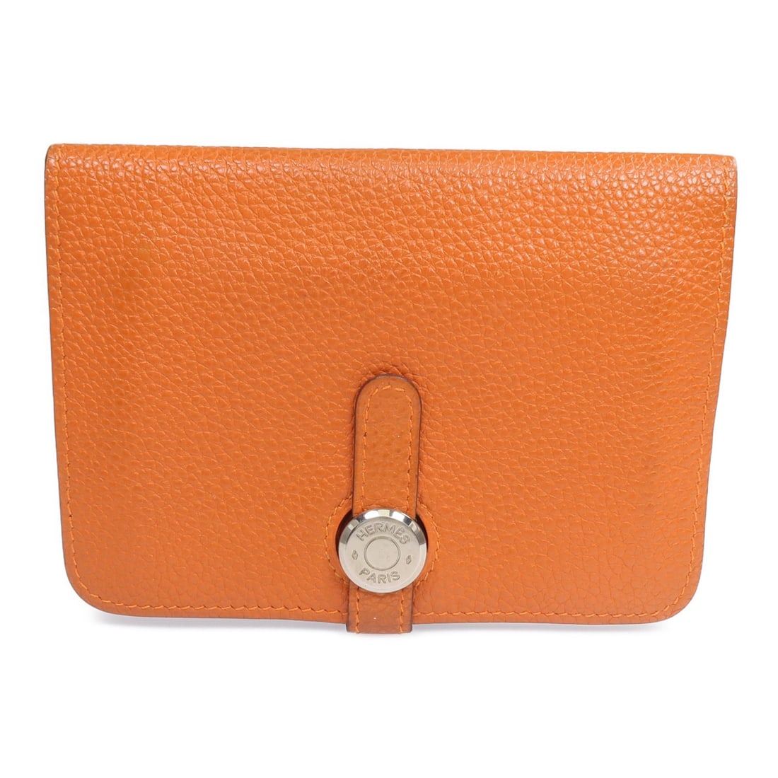 Hermes Dogon Compact bi fold wallet orange Togo calfskin: Hermes Dogon Compact bi fold wallet orange Togo calfskin Hermes Dogon Compact bi-fold wallet in orange Togo leather and calfskin (cowhide), made in France. The wallet features PHW belt hardware and a 