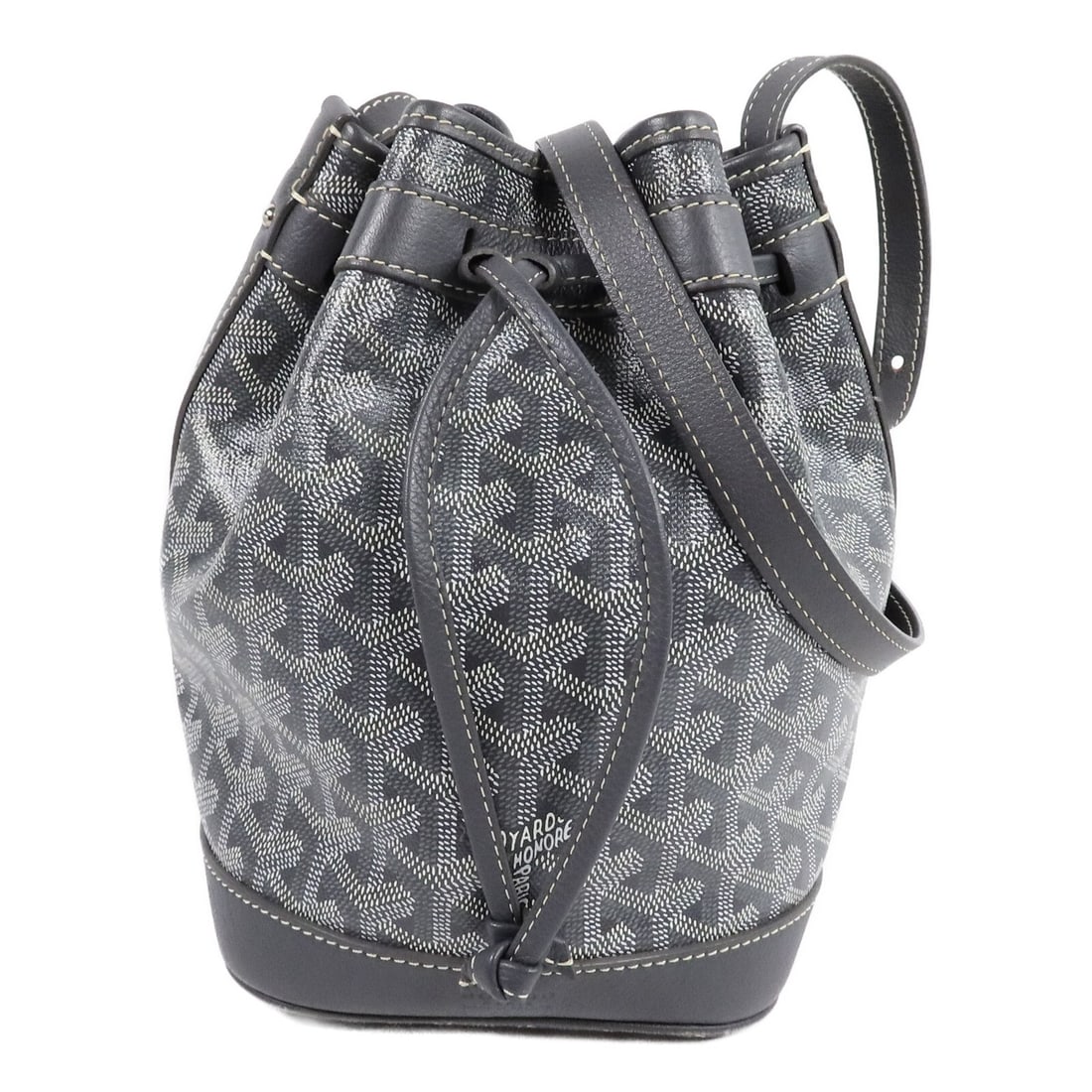 Goyard Petit Flot PM Gray Coated Canvas Shoulder Bucket Bag: Goyard Petit Flot PM Gray Coated Canvas Shoulder Bucket Bag The GOYARD SHW Petit Flot PM is a bucket-style shoulder bag made from PVC coated canvas in gray. It features a compact silhouette with a sho