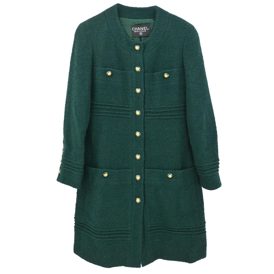 Vintage Chanel Green Long Collarless Button Coat: Vintage Chanel Green Long Collarless Button Coat Vintage Chanel single-breasted collarless green coat with a long silhouette, long sleeves, and button closure. Designed with four exterior pockets and 