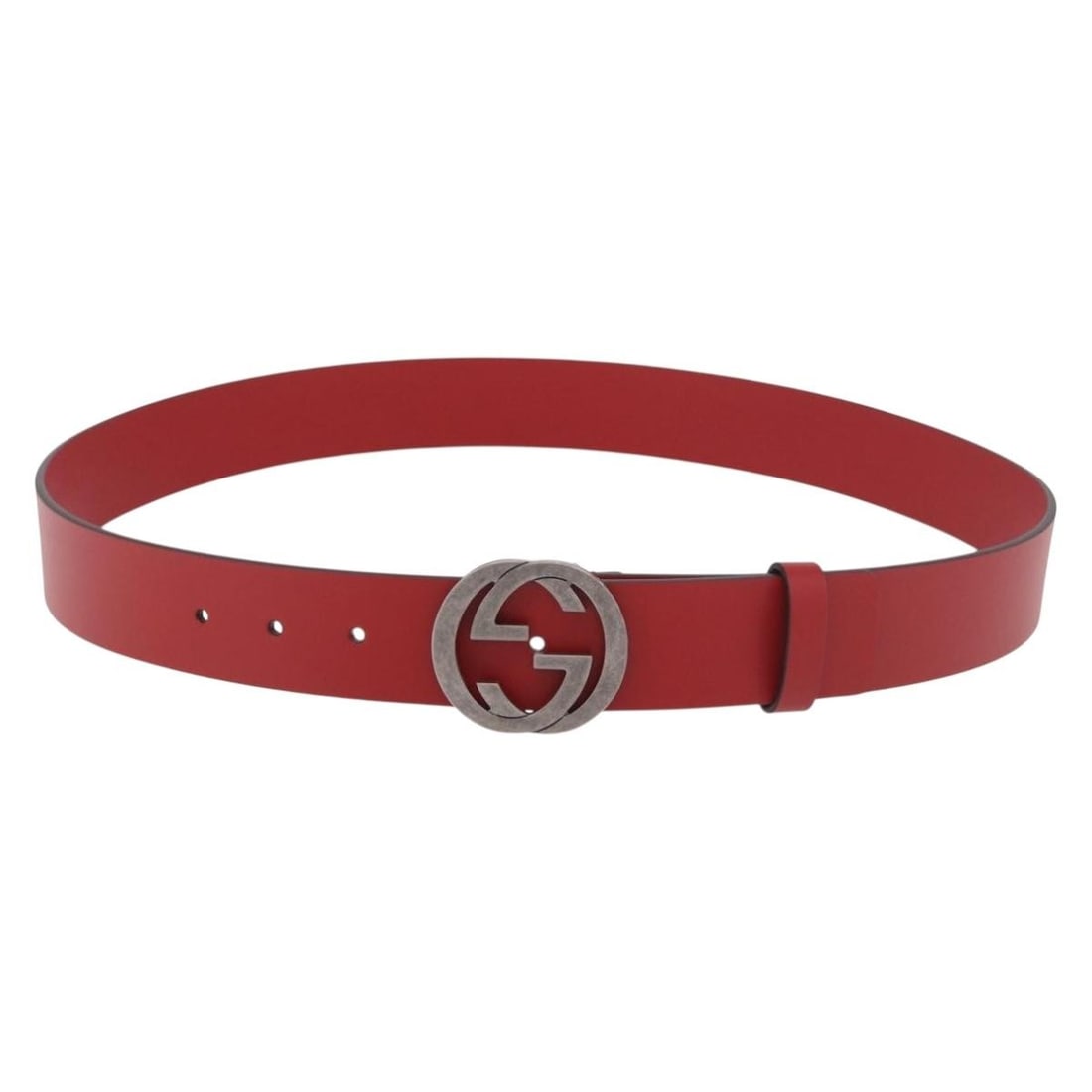 GUCCI 546389 Interlocking G Leather Belt Red Silver 43.7in: GUCCI 546389 Interlocking G Leather Belt Red Silver 43.7in Gucci Interlocking G leather belt in red with silver-tone hardware. The belt measures approximately 111 cm in total length and 3.5 cm in widt