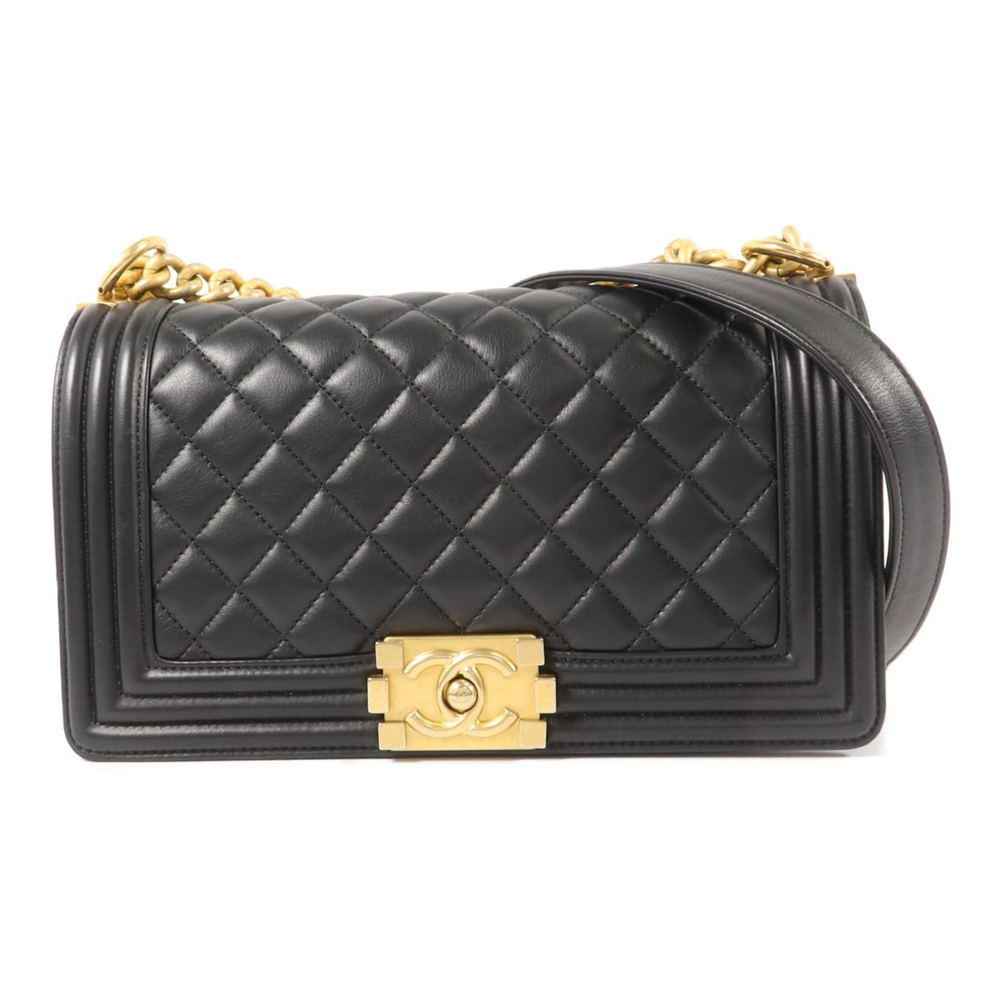 CHANEL Boy 25 Shoulder Bag Black Lambskin CC GHW: CHANEL Boy 25 Shoulder Bag Black Lambskin CC GHW CHANEL Boy 25 chain shoulder bag in black lambskin leather with gold-tone hardware. It features a flap closure, one open interior pocket, and comes wit