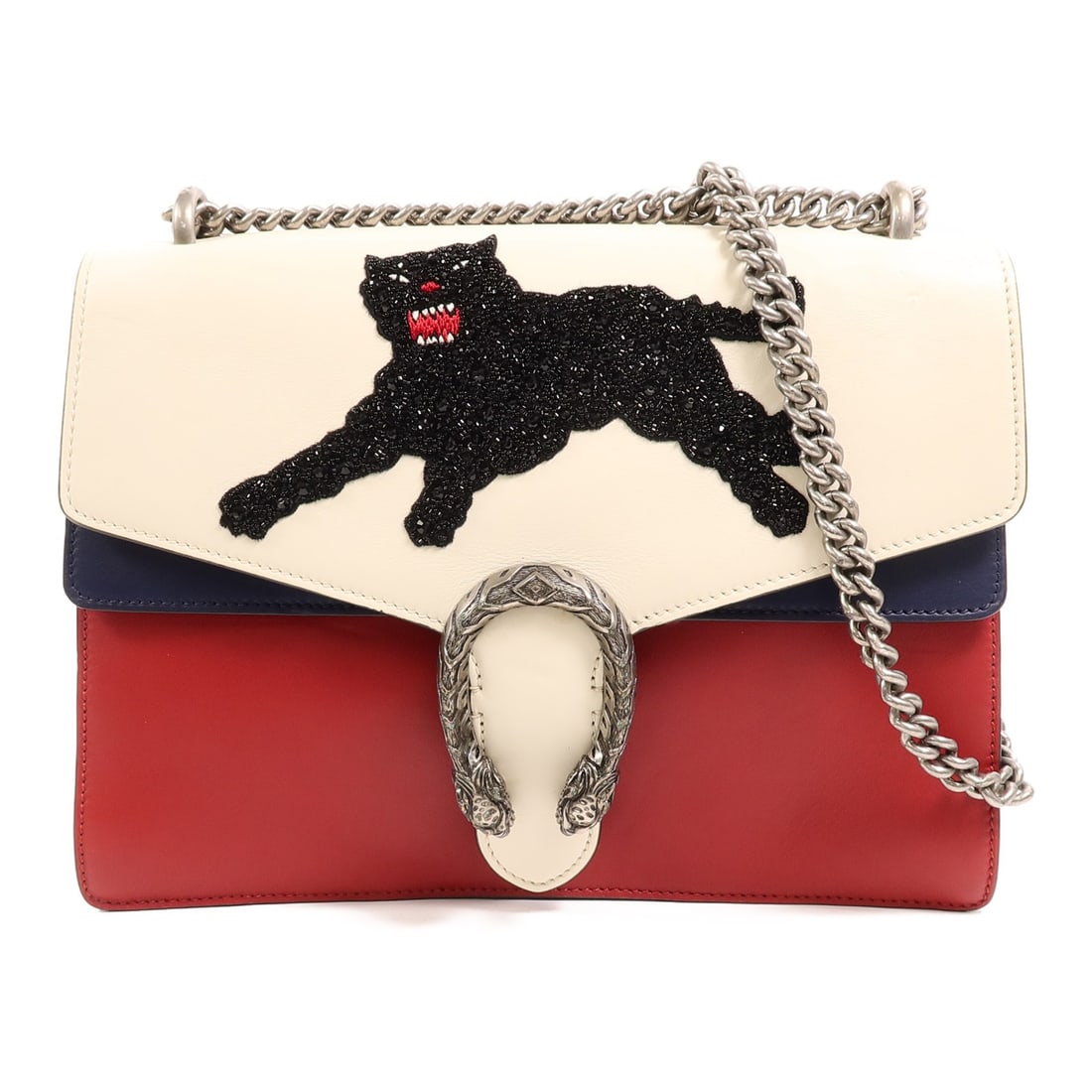 Gucci Dionysius 403348 GG Shoulder Bag Calfskin White Red Blue: Gucci Dionysius 403348 GG Shoulder Bag Calfskin White Red Blue A Gucci Dionysius chain shoulder bag in calfskin leather, presented in white with red and blue accents. It features a flap closure, one o