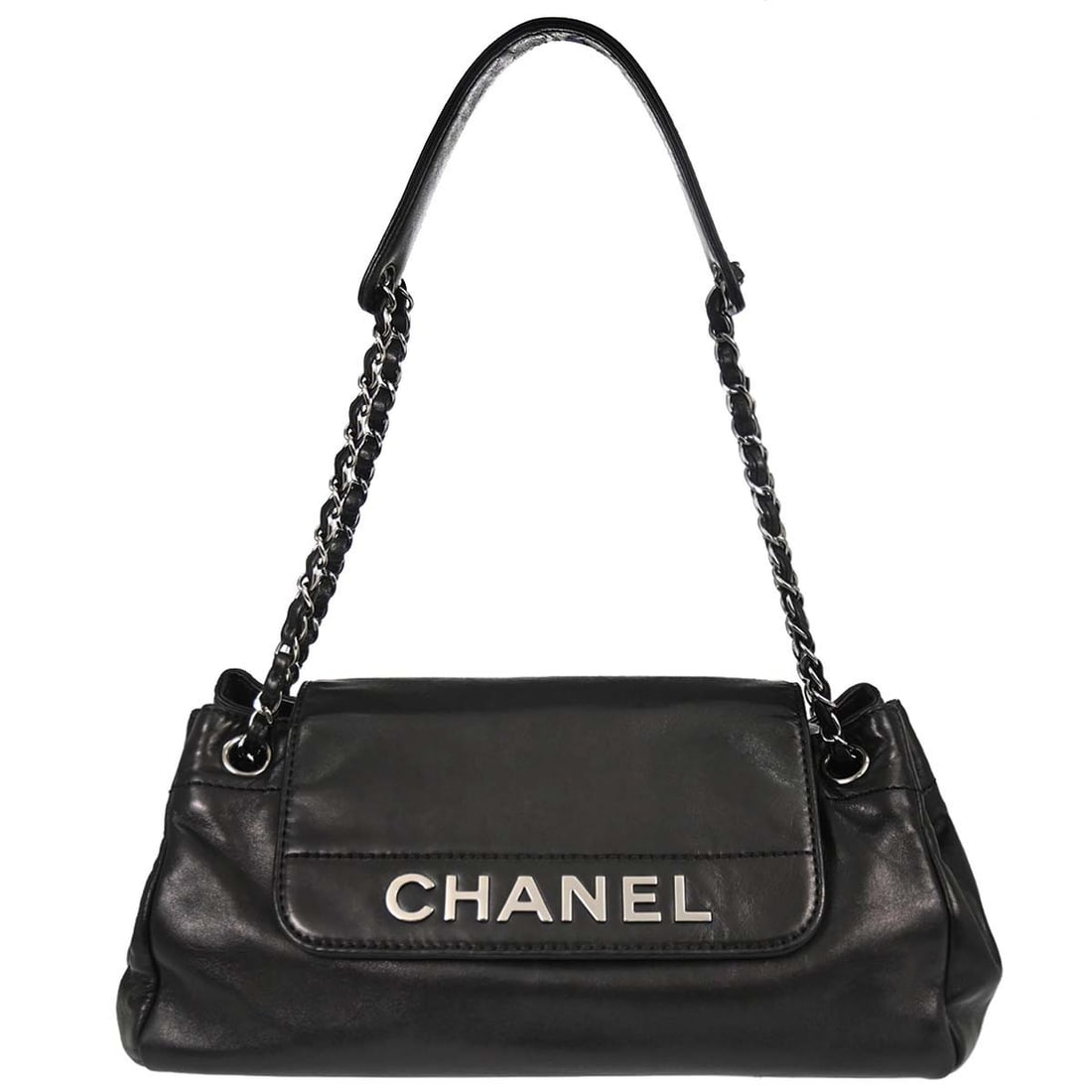 Chanel Rock n Chic Accordion Flap Lambskin Shoulder Bag Black: Chanel Rock n Chic Accordion Flap Lambskin Shoulder Bag Black Black lambskin accordion flap handbag in the Rock 'n Chic style, made in Italy. The bag shows fair outside condition with scratches and go