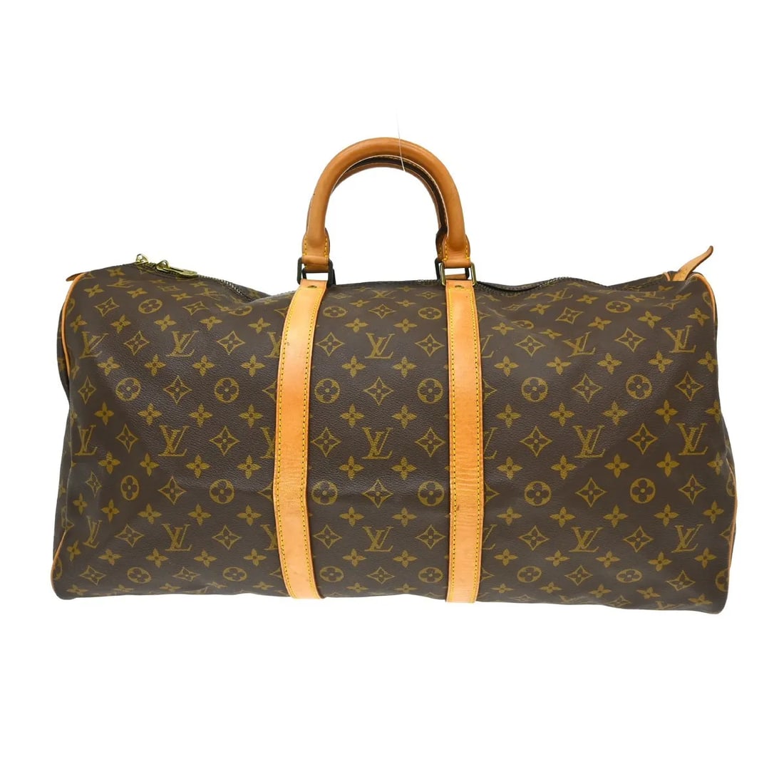 Louis Vuitton Keepall Travel Bag Brown Monogram Canvas: Louis Vuitton Keepall Travel Bag Brown Monogram Canvas Louis Vuitton Keepall in brown monogram canvas. This unisex travel bag is in good condition with visible wear. The exterior leather shows scuffs,