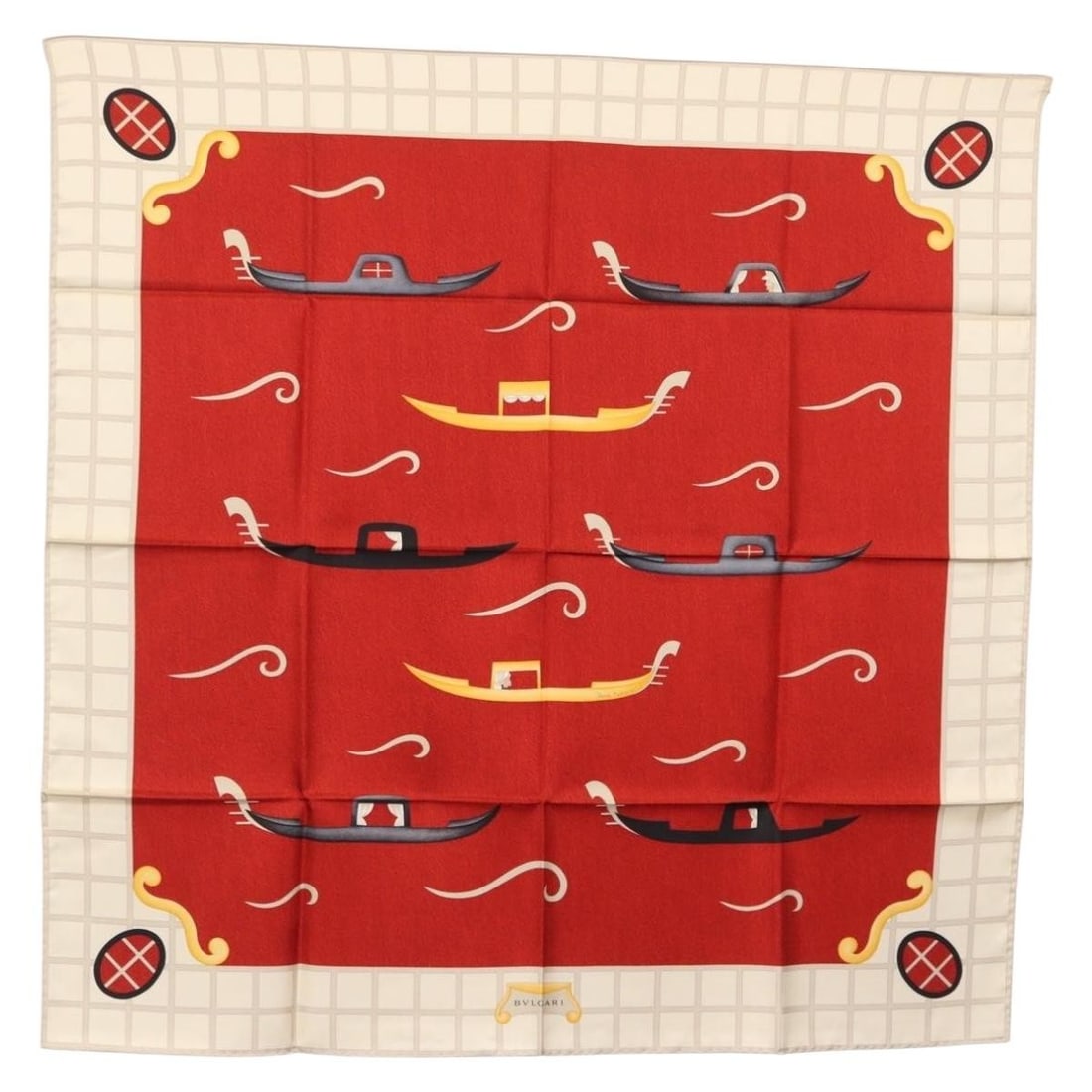 Red Silk Scarf by BVLGARI Featuring Boat Motif Davide Pizzigoni Design: Red Silk Scarf by BVLGARI Featuring Boat Motif Davide Pizzigoni Design This BVLGARI scarf features a striking boat pattern designed by Davide Pizzigoni. Crafted from luxurious silk, it showcases a vib