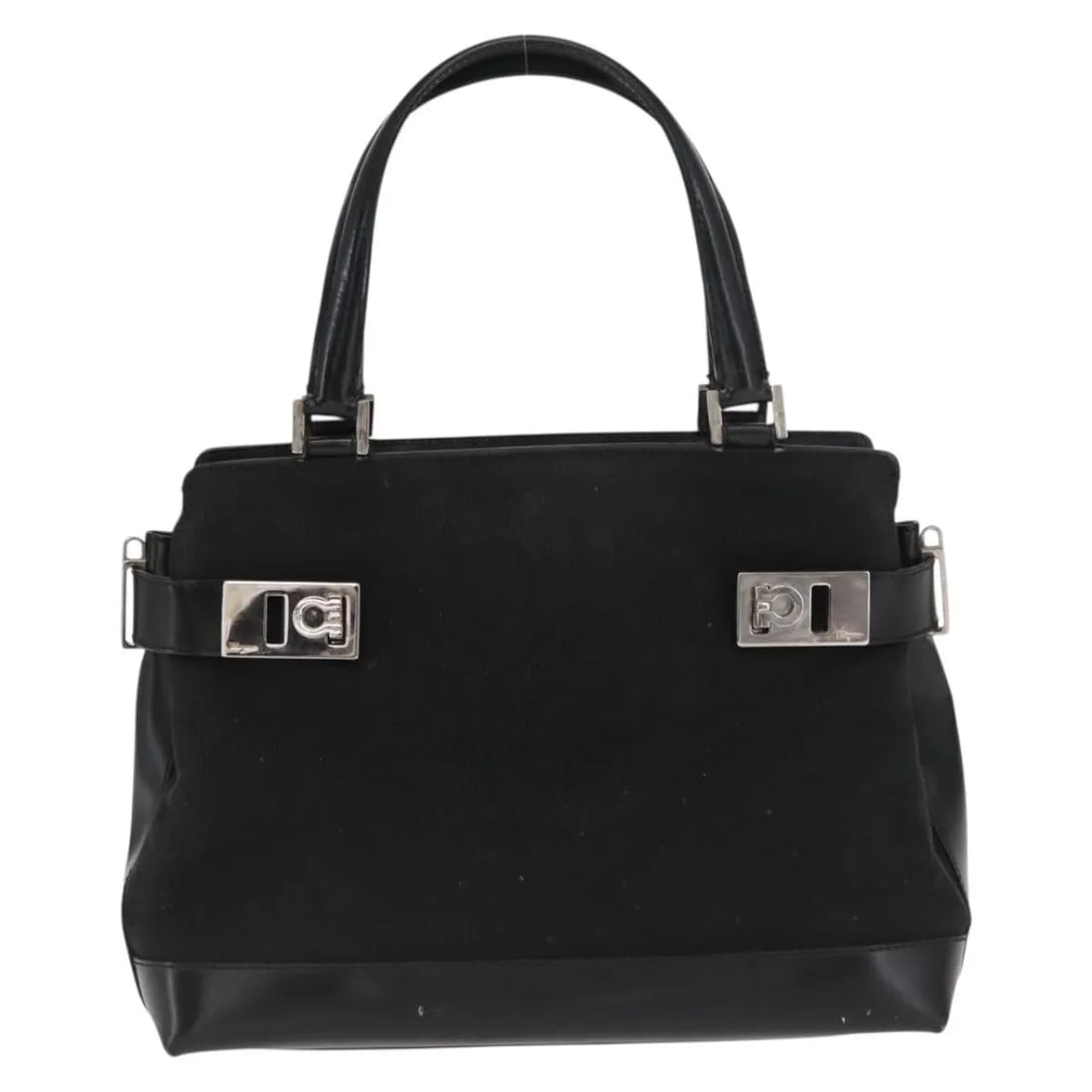 Black Canvas Tote with Side Buckle Salvatore Ferragamo Double Gancini: Black Canvas Tote with Side Buckle Salvatore Ferragamo Double Gancini This Salvatore Ferragamo Double Gancini Side Buckle Tote is crafted from black canvas and features distinctive side buckles. Desig