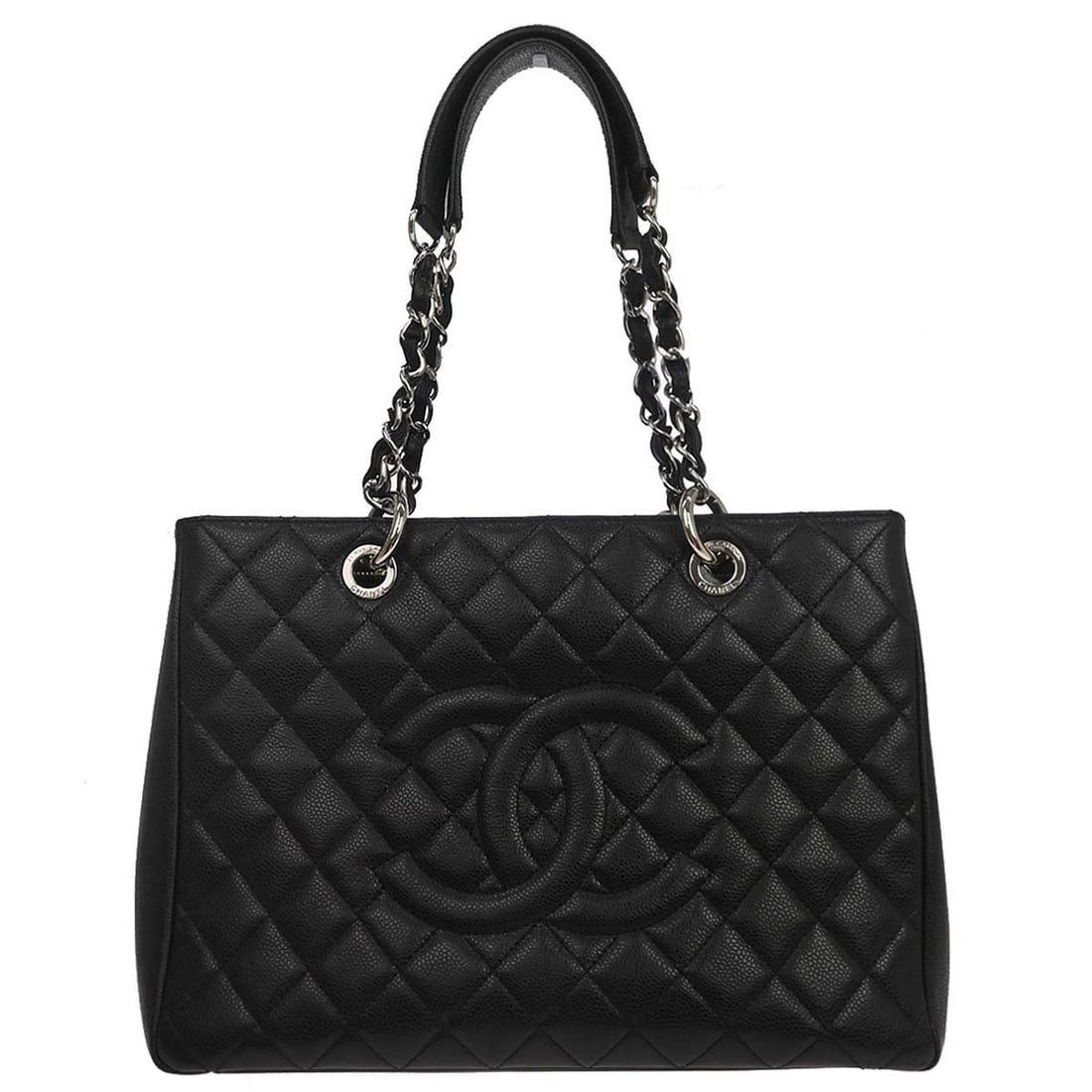 CHANEL GST Grand Shopping Tote Black Calfskin Chain Bag: CHANEL GST Grand Shopping Tote Black Calfskin Chain Bag Chanel Grand Shopping Tote GST chain handbag in black caviar skin leather, made in Italy. This large tote features double handles, inner pockets